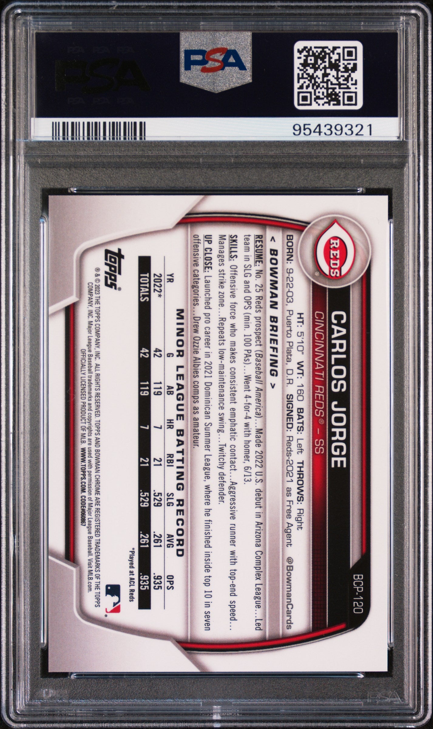 2023 Bowman Chrome Orange Carlos Jorge #BCP-120 /25 PSA 10