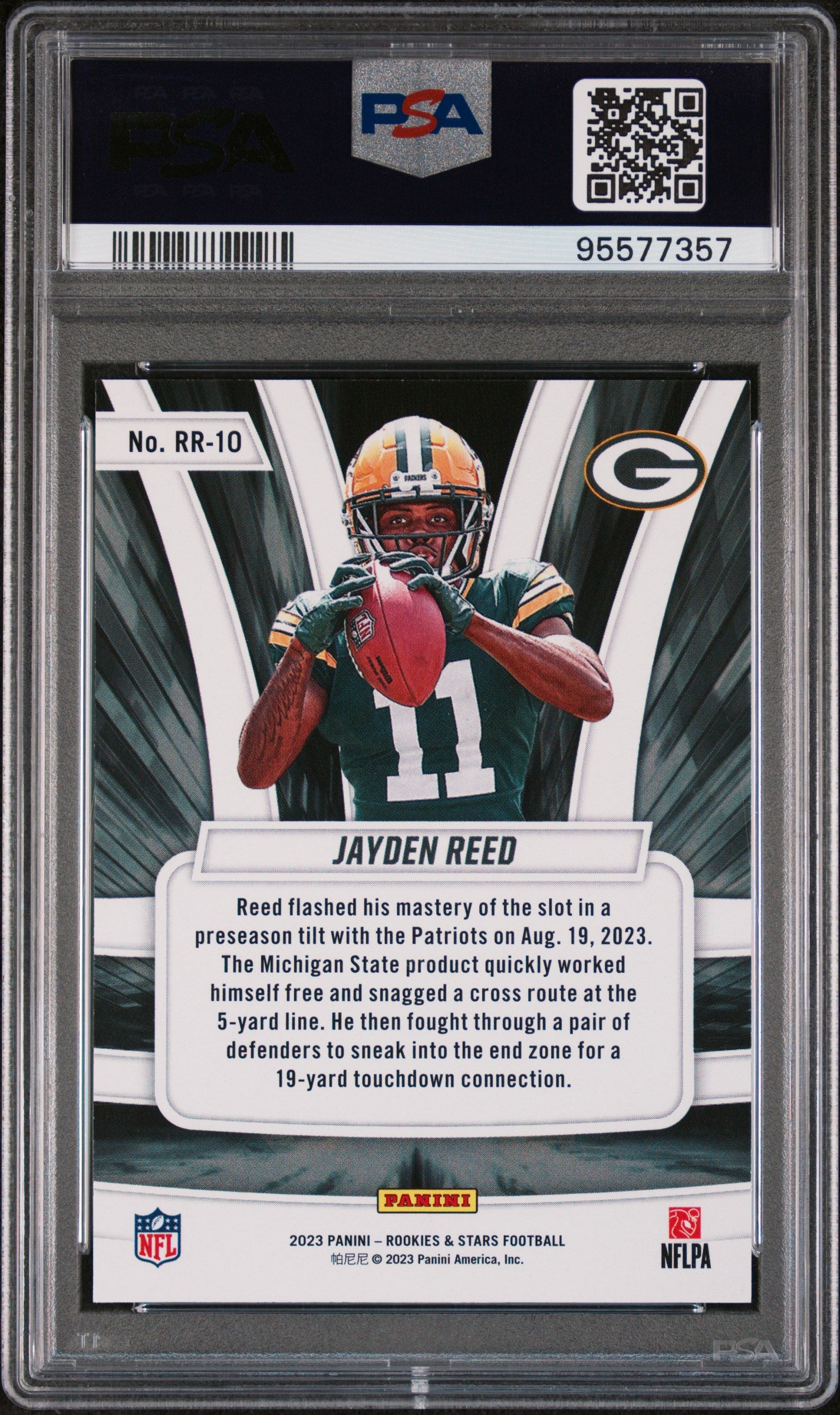 2023 Panini Rookies & Stars Rookie Rush-Green Jayden Reed #RR10 RC PSA 10