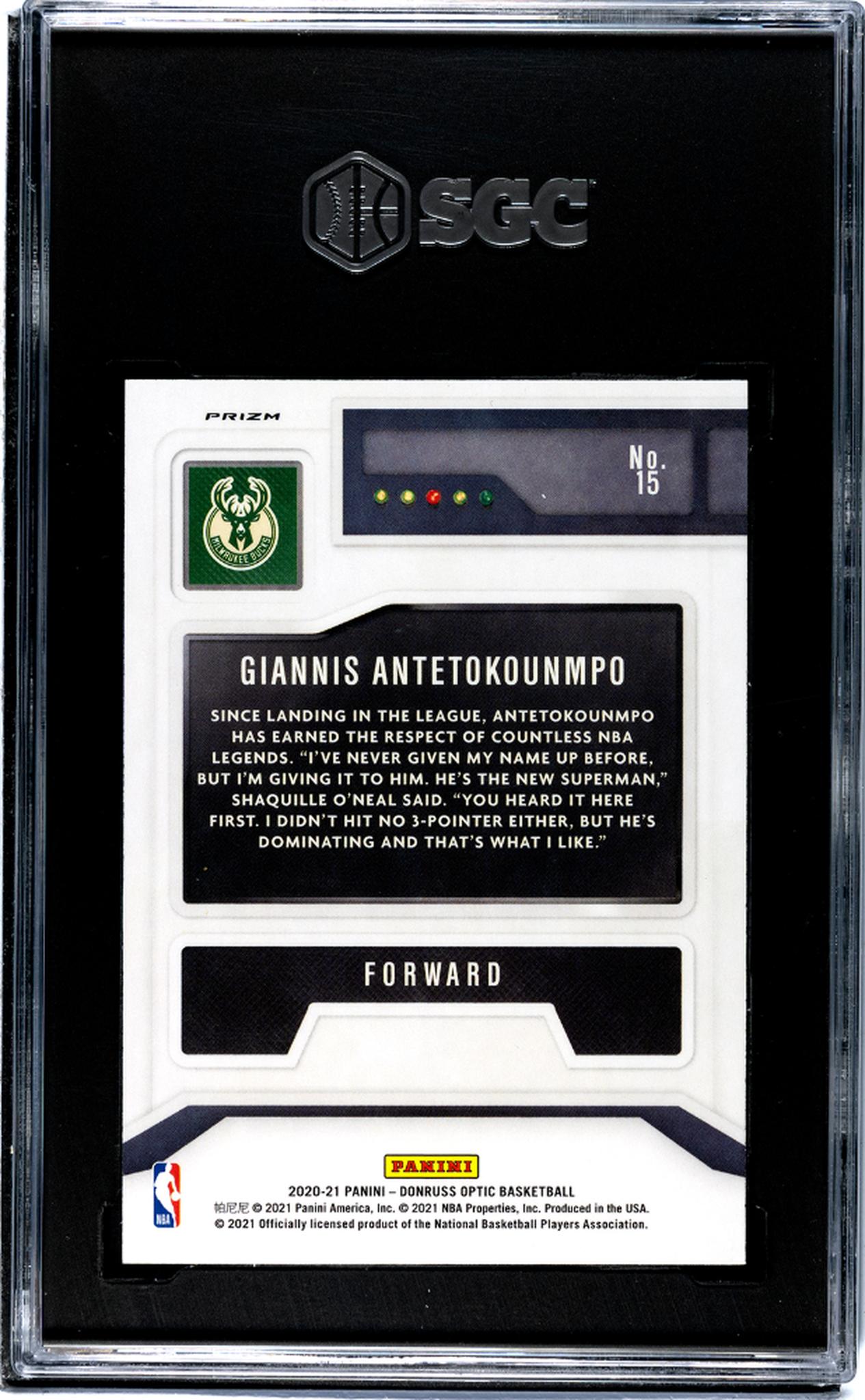 2020-21 Donruss Optic #15 Giannis Antetokounmpo T-Minus 3, 2, 1 Holo Prizm SGC 9.5