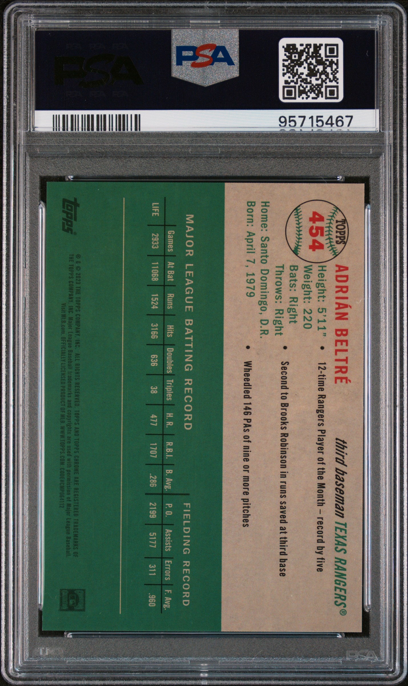 2023 Topps Platinum Anniversary Rose Gold Adrian Beltre #454 PSA 10