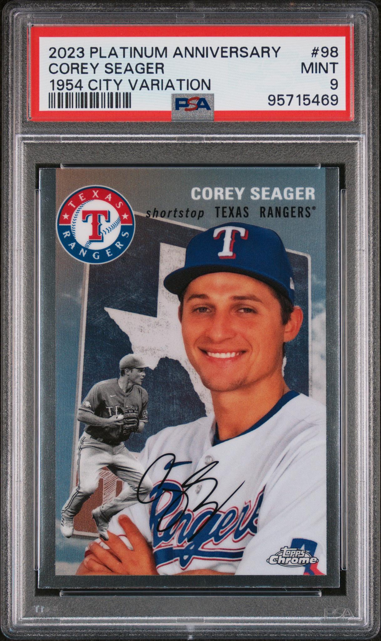 2023 Topps Chrome Platinum Anniversary 1954 Topps Chrome City Variations #98 Corey Seager 1954 City Variation PSA 9