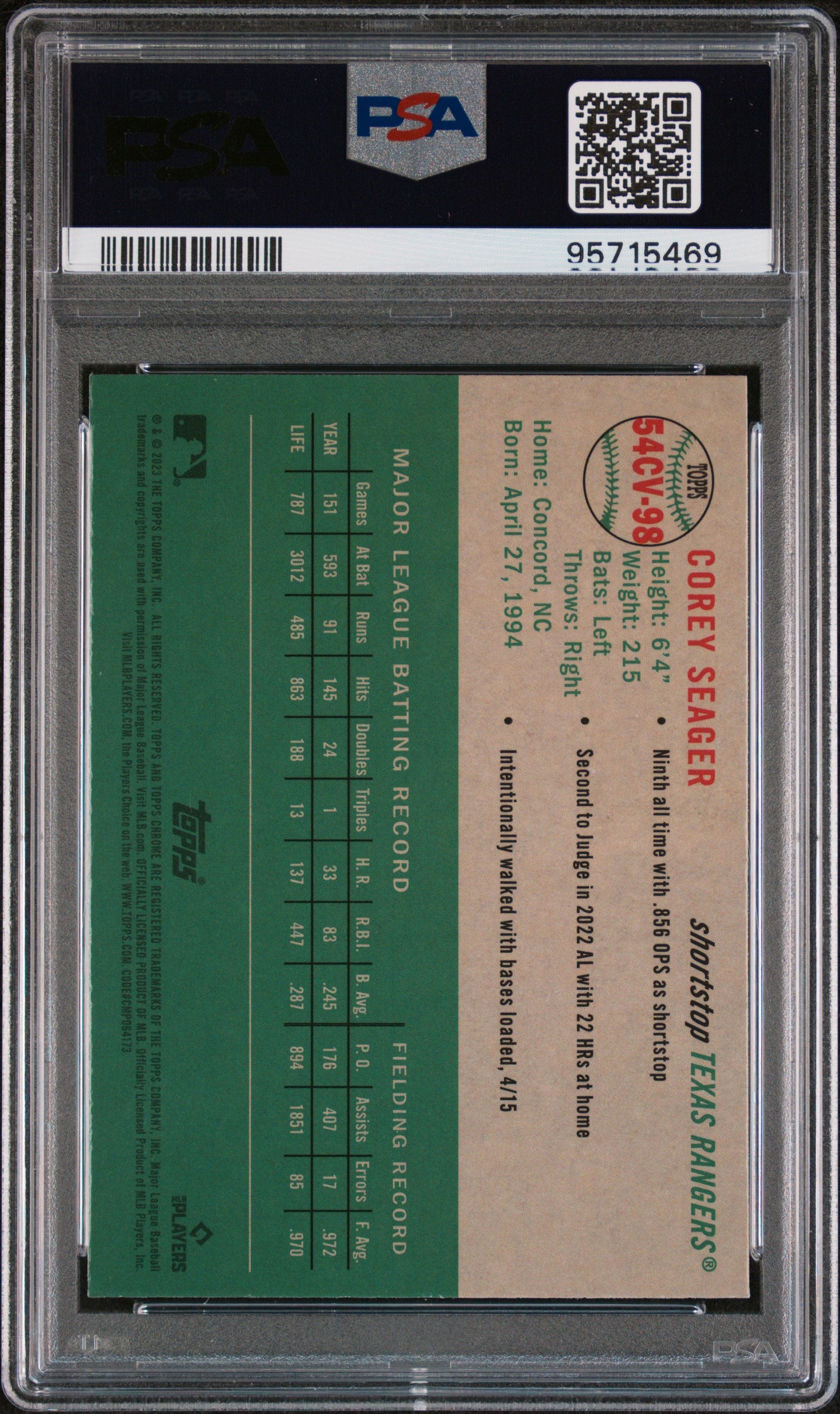2023 Topps Chrome Platinum Anniversary 1954 Topps Chrome City Variations #98 Corey Seager 1954 City Variation PSA 9