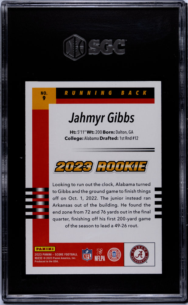 2023 Panini Score #9 Jahmyr Gibbs '03 Throwback Rookie SGC 10