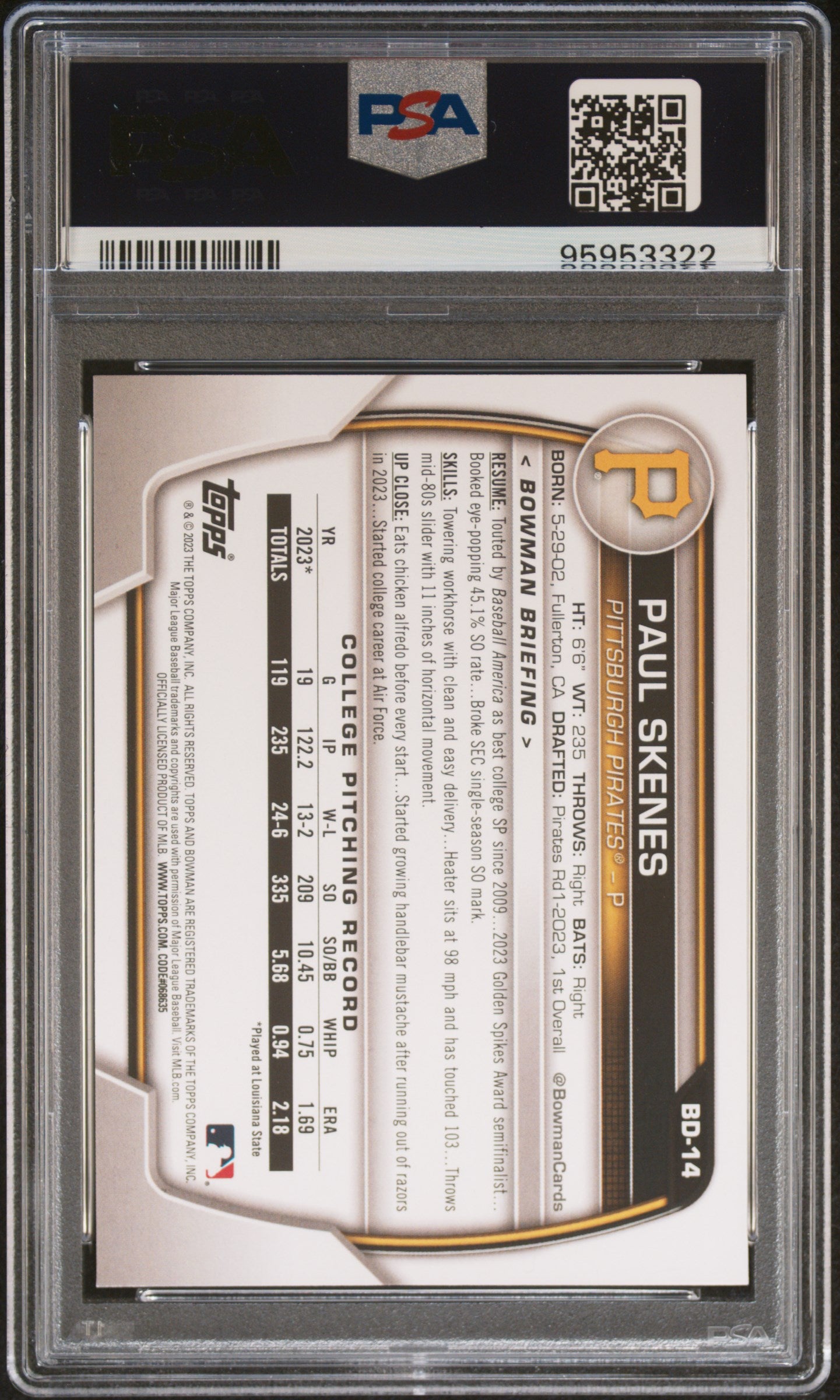 2023 Bowman Draft #BD14 Paul Skenes PSA 10