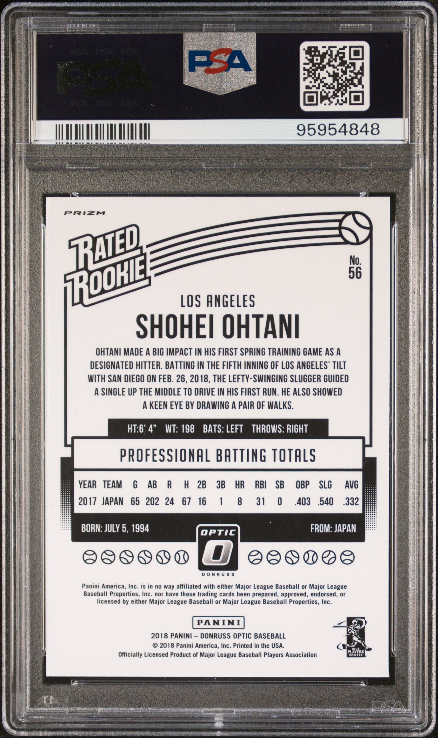 2018 Donruss Optic #56 Shohei Ohtani Rated Rookie PSA 10