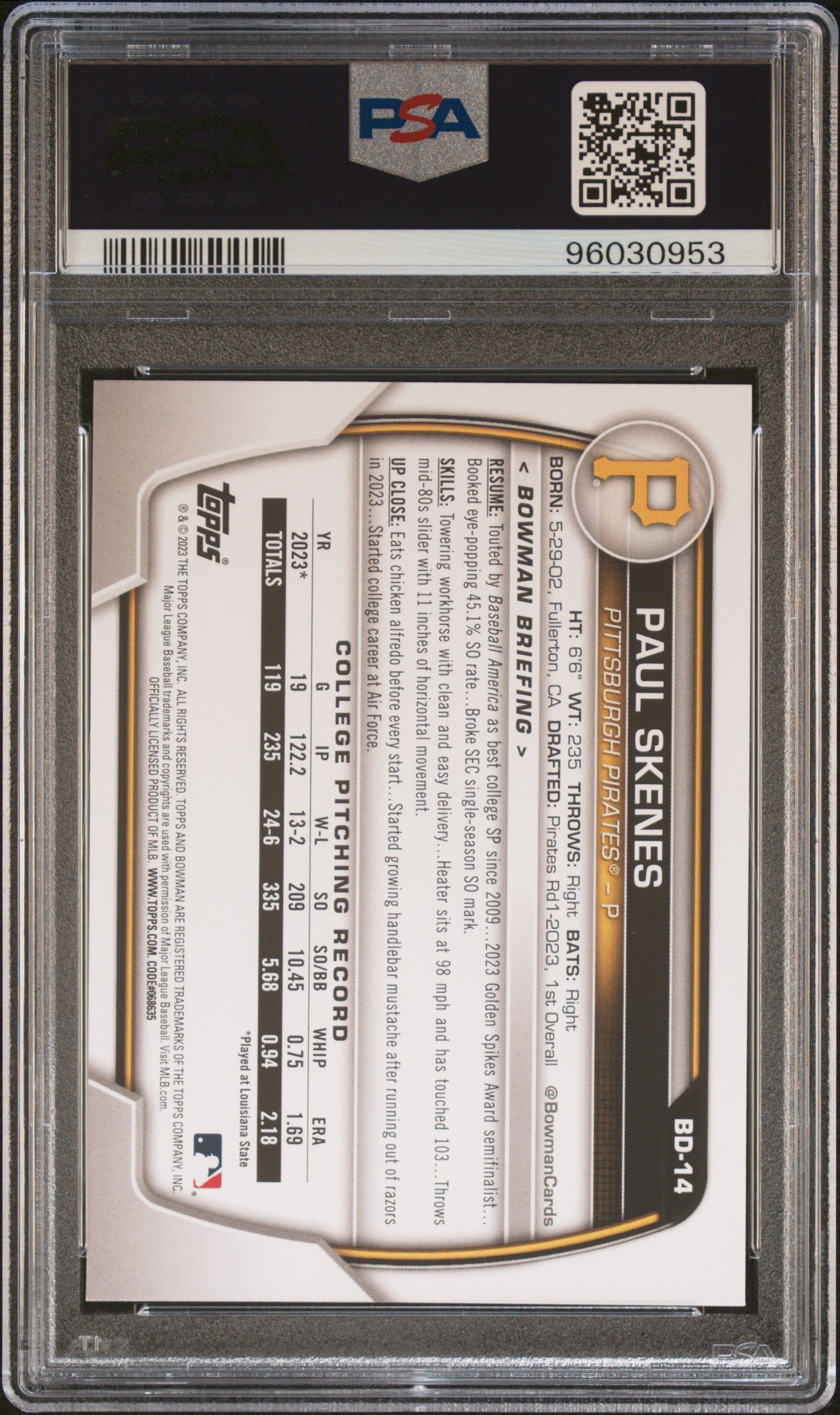 2023 Topps Bowman Draft Paul Skenes #BD14 1st Bowman PSA 10