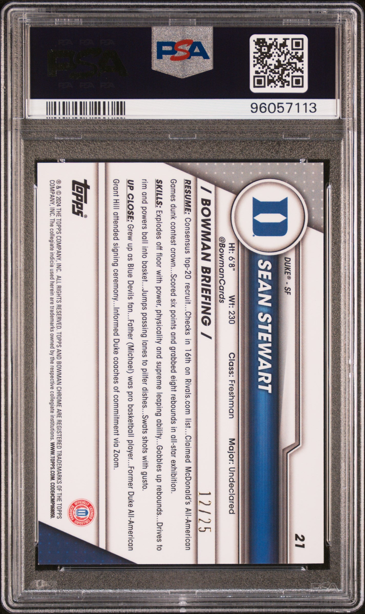 2023 Bowman University Chrome Orange Shimmer Sean Stewart #21 /25 PSA 10