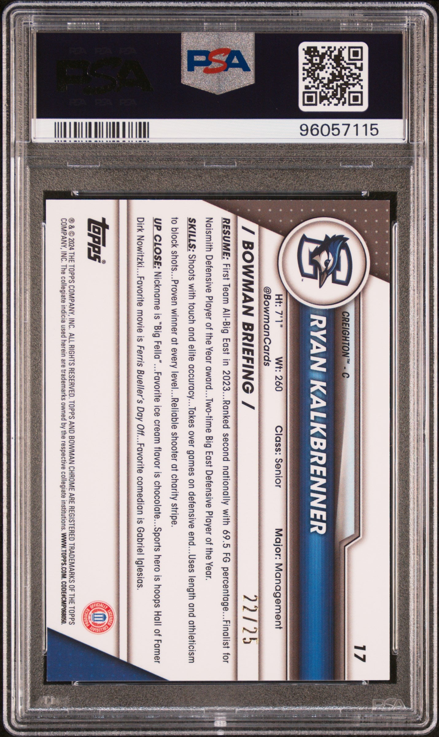2023 Bowman University Chrome Sapphire Orange Ryan Kalkbrenner #17 /25 PSA 9