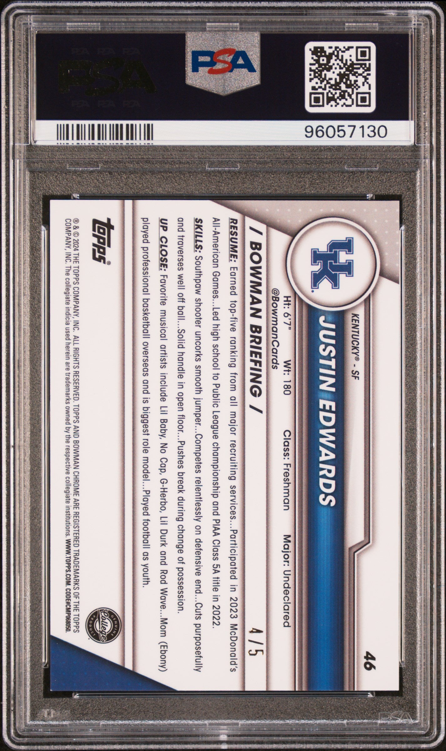 2023 Bowman University Chrome Red Refractor Justin Edwards #46 /5 PSA 9