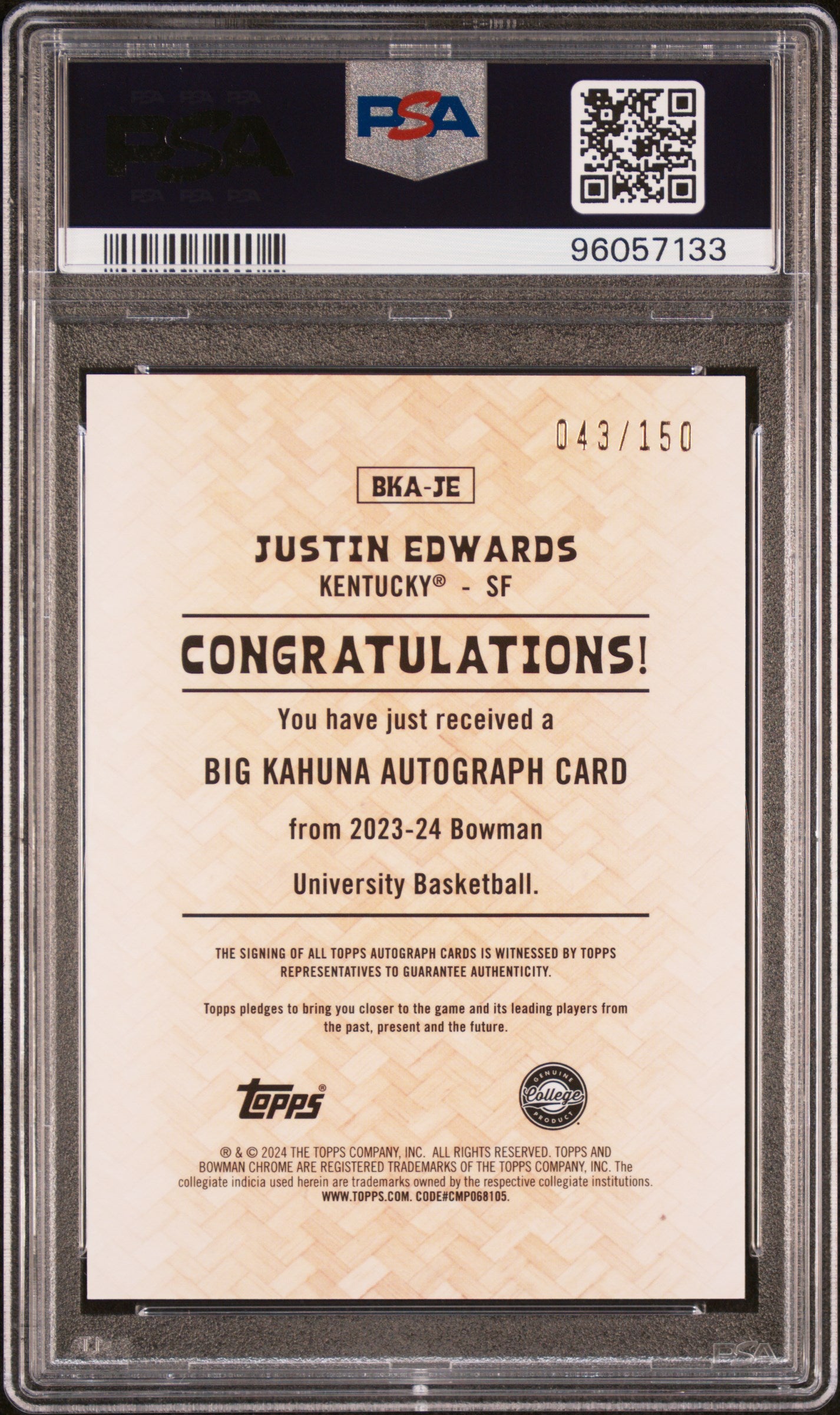 2023 Bowman University Chrome the Big Kahuna Autographs Justin Edwards #BKAJE /150 PSA 9