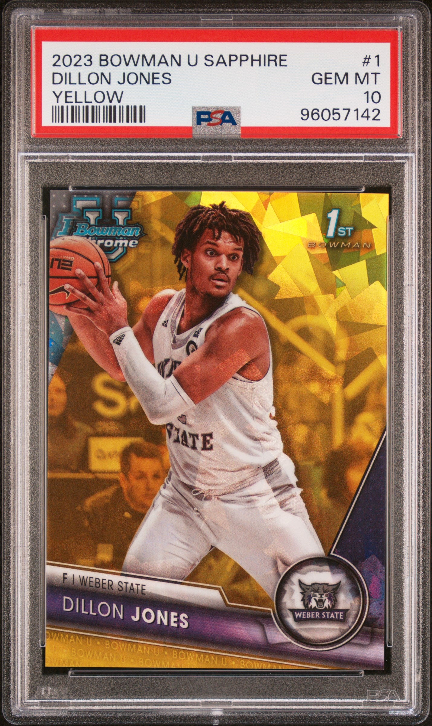 2023 Bowman University Chrome Sapphire Yellow Dillon Jones #1 /75 PSA 10