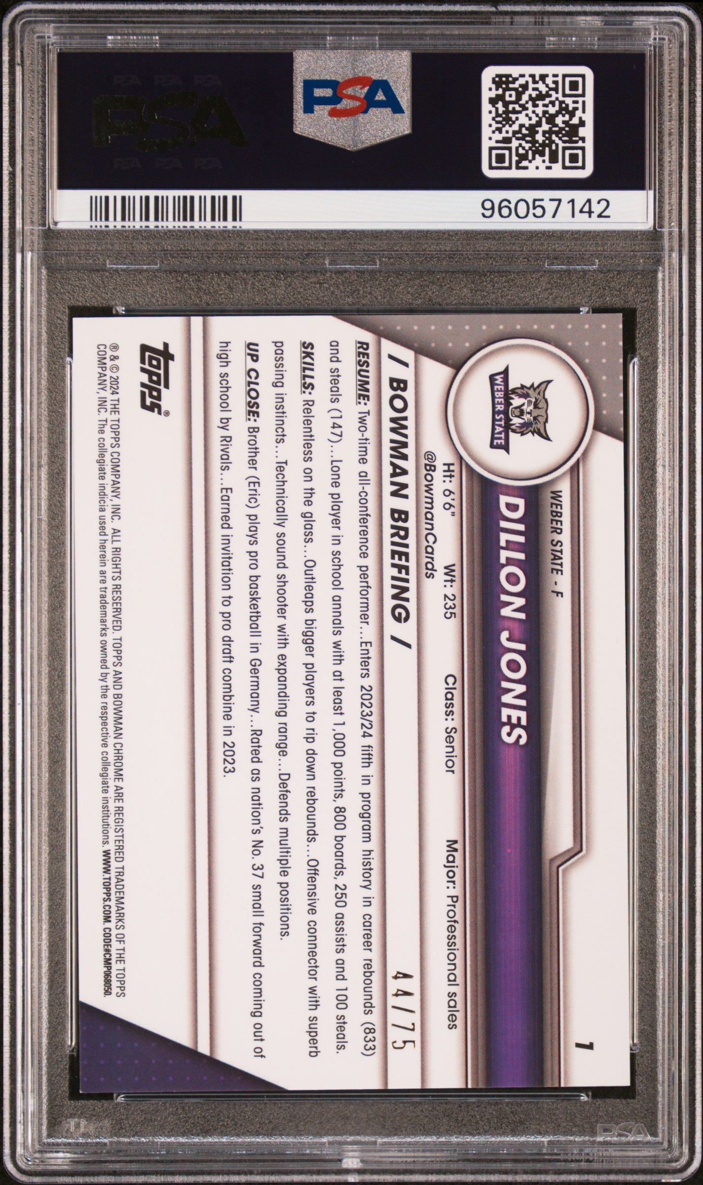 2023 Bowman University Chrome Sapphire Yellow Dillon Jones #1 /75 PSA 10