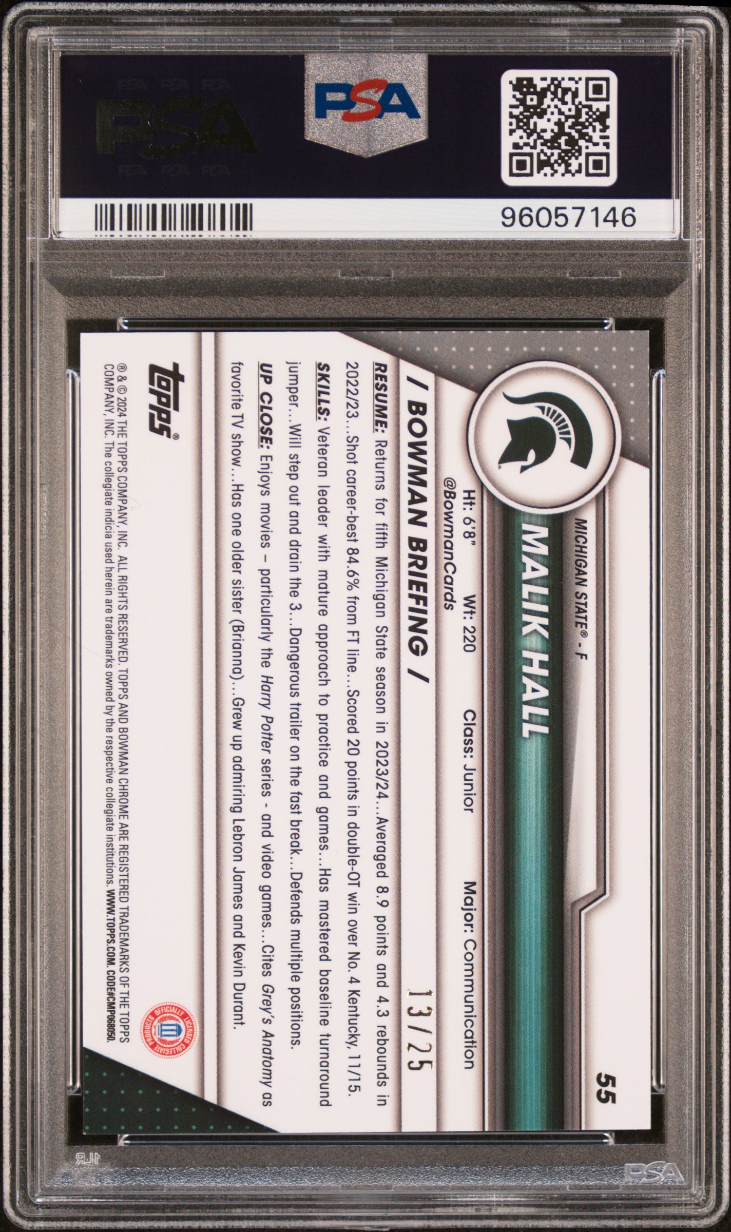 2023 Bowman University Chrome Orange Refractor Malik Hall #55 /25 PSA 10
