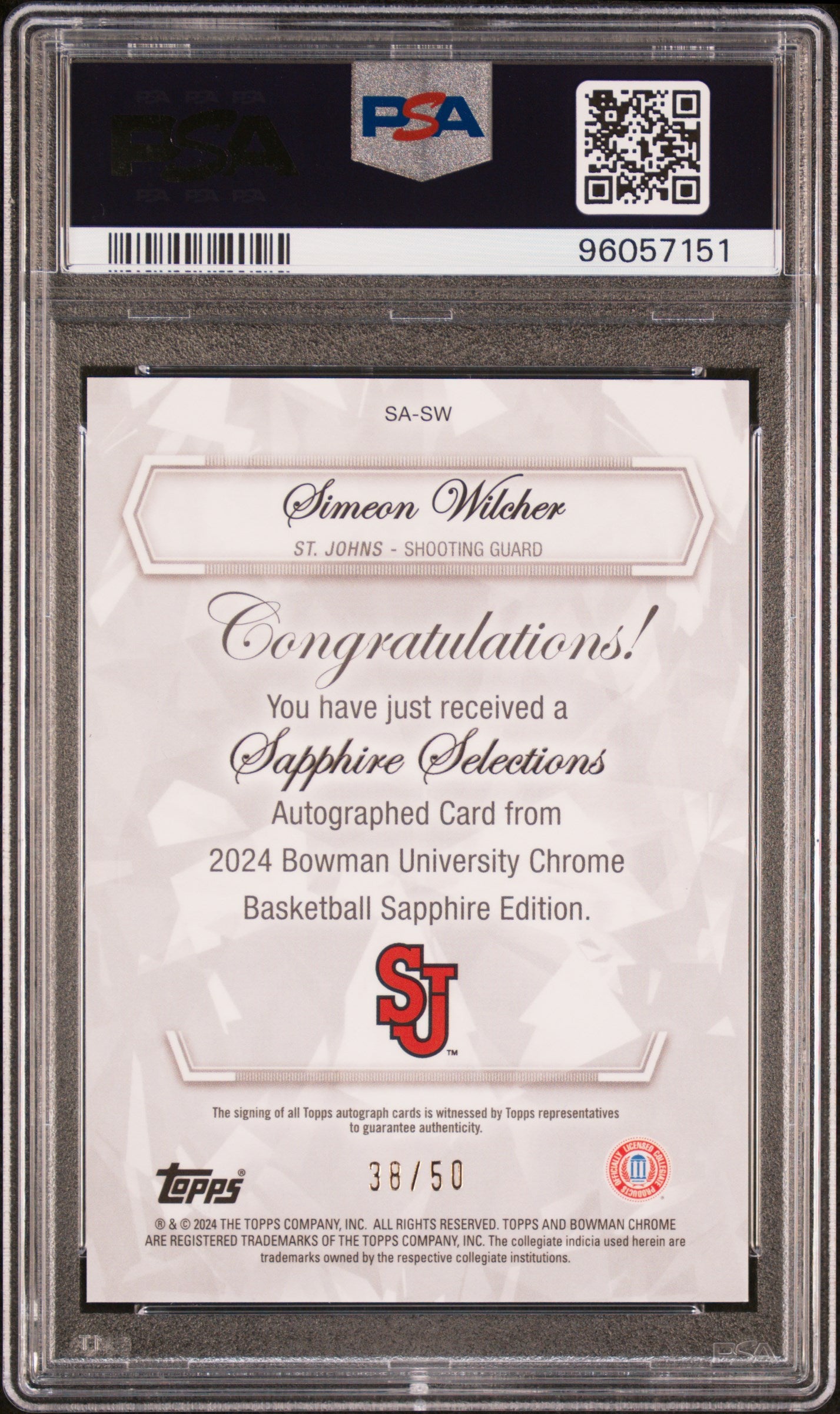 2023 Bowman University Chrome Sapphire Sapphire Selections Autographs Simeon Wilcher #SASW /50 PSA 9