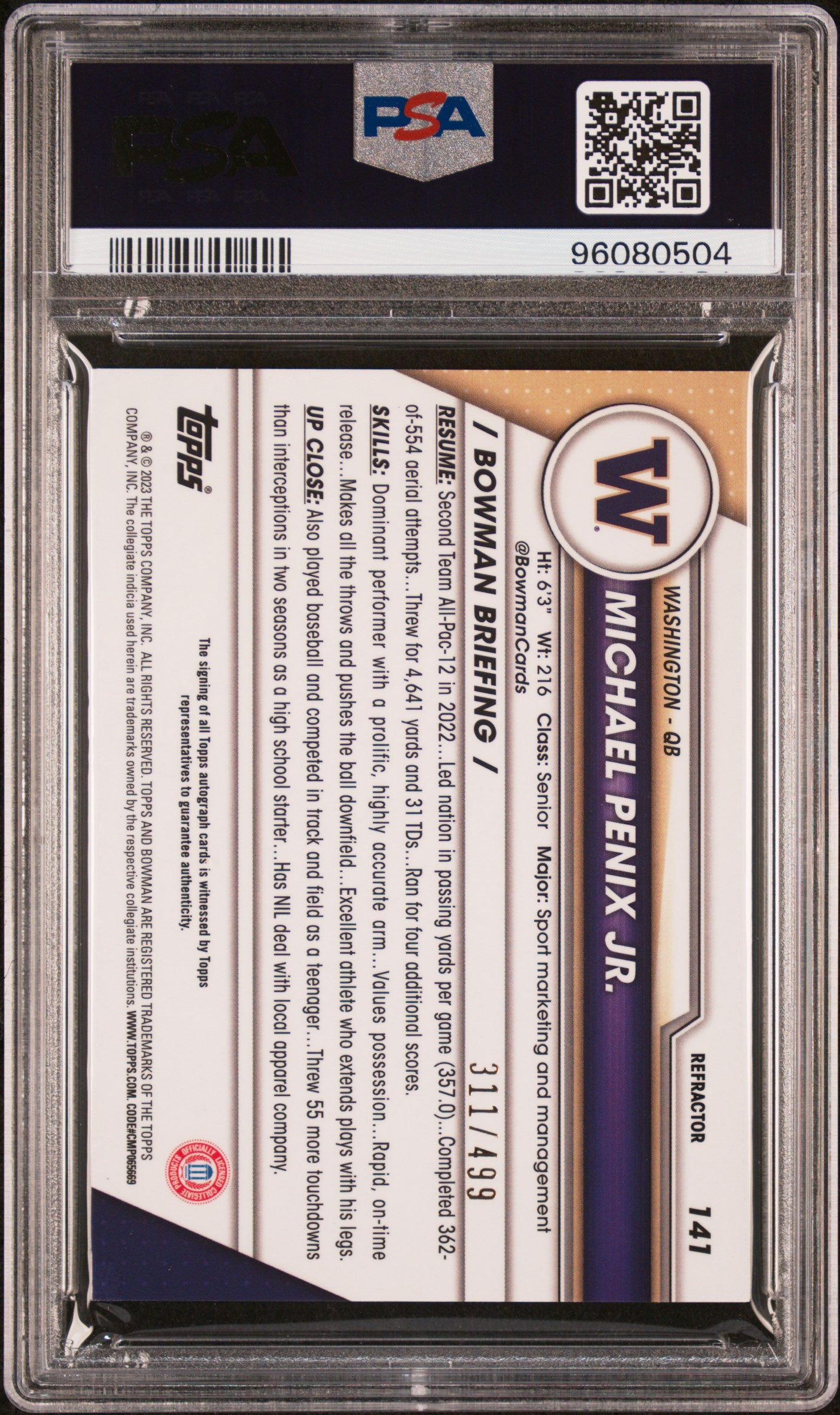 2023 Bowman U Chrome Refractor Michael Penix Jr. #141 Auto /499 PSA 10