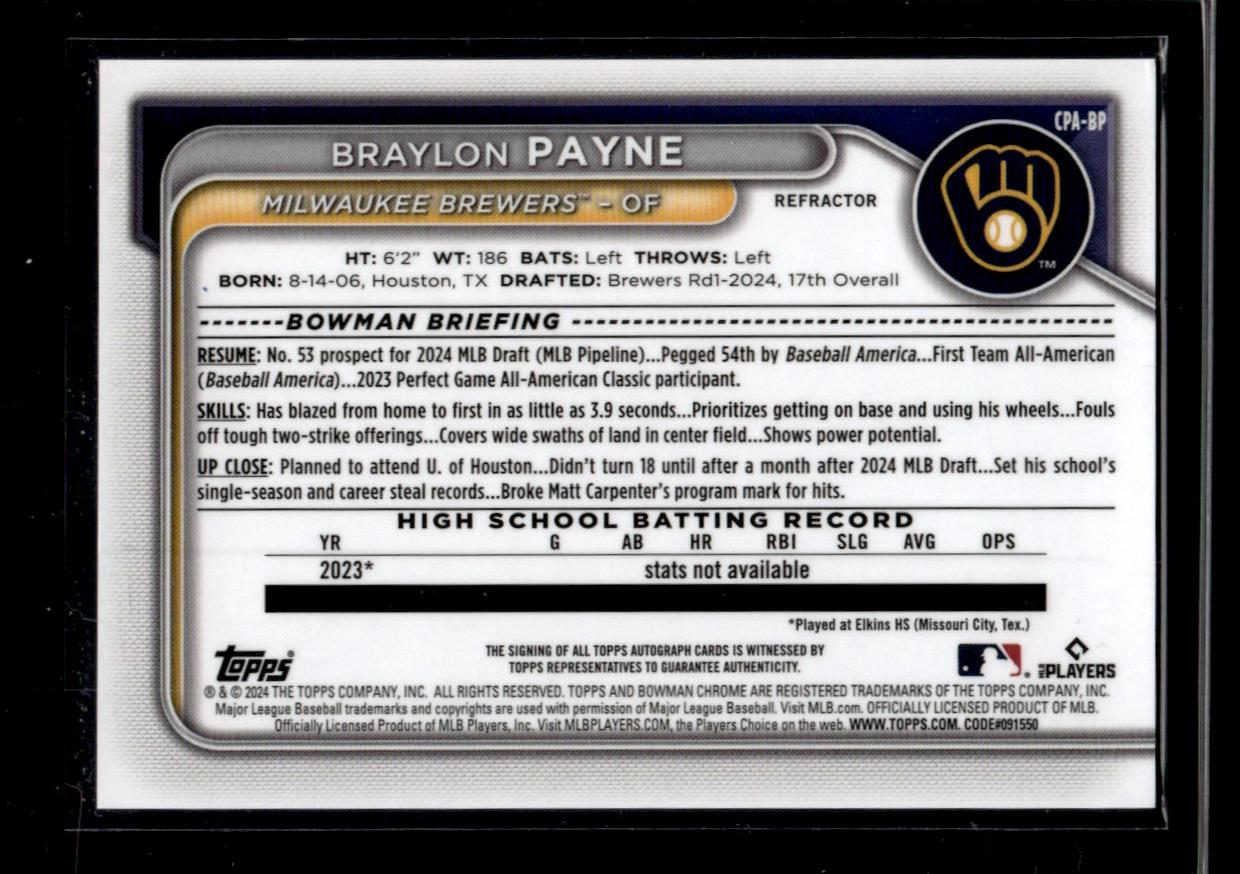 2024 Bowman Chrome #CPA-BP Braylon Payne 1st Bowman Refractor Rookie /499