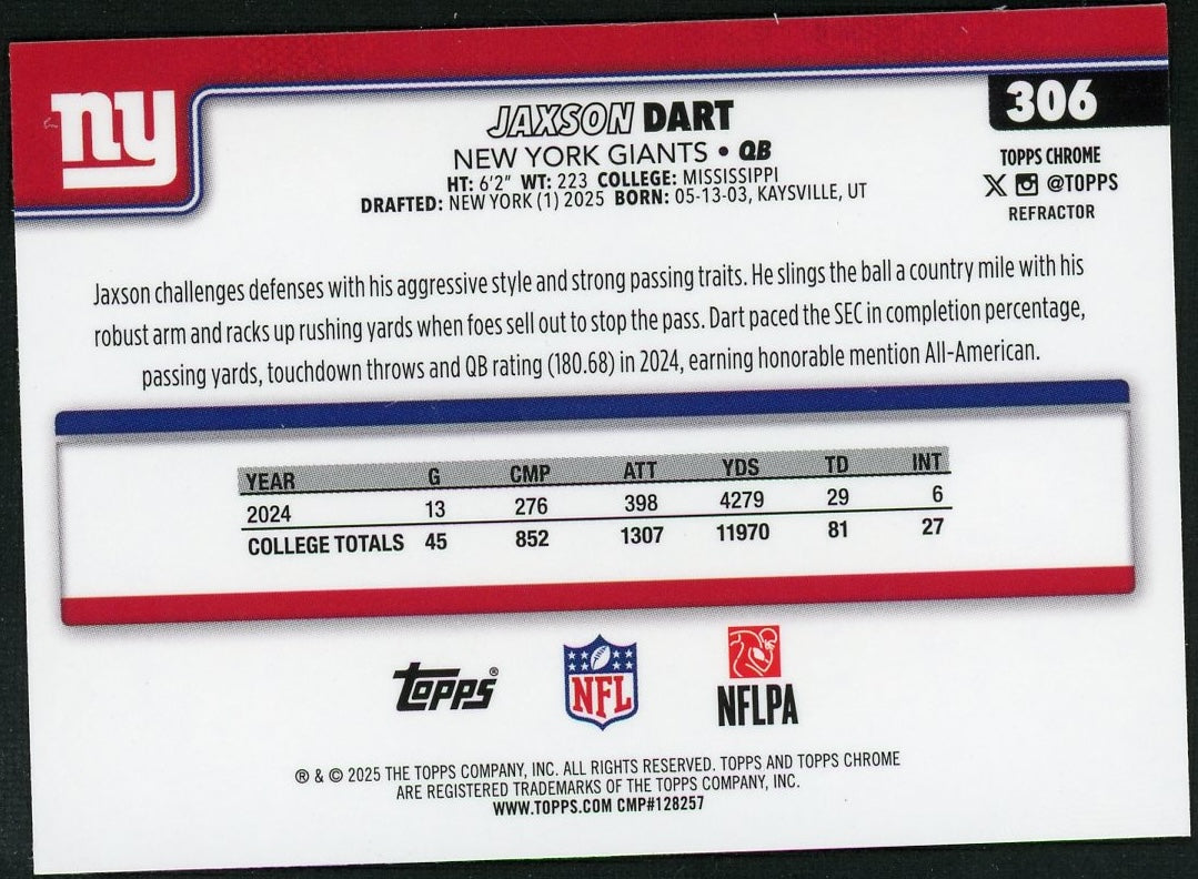 2025 Topps Chrome 306 Jaxson Dart Refractor