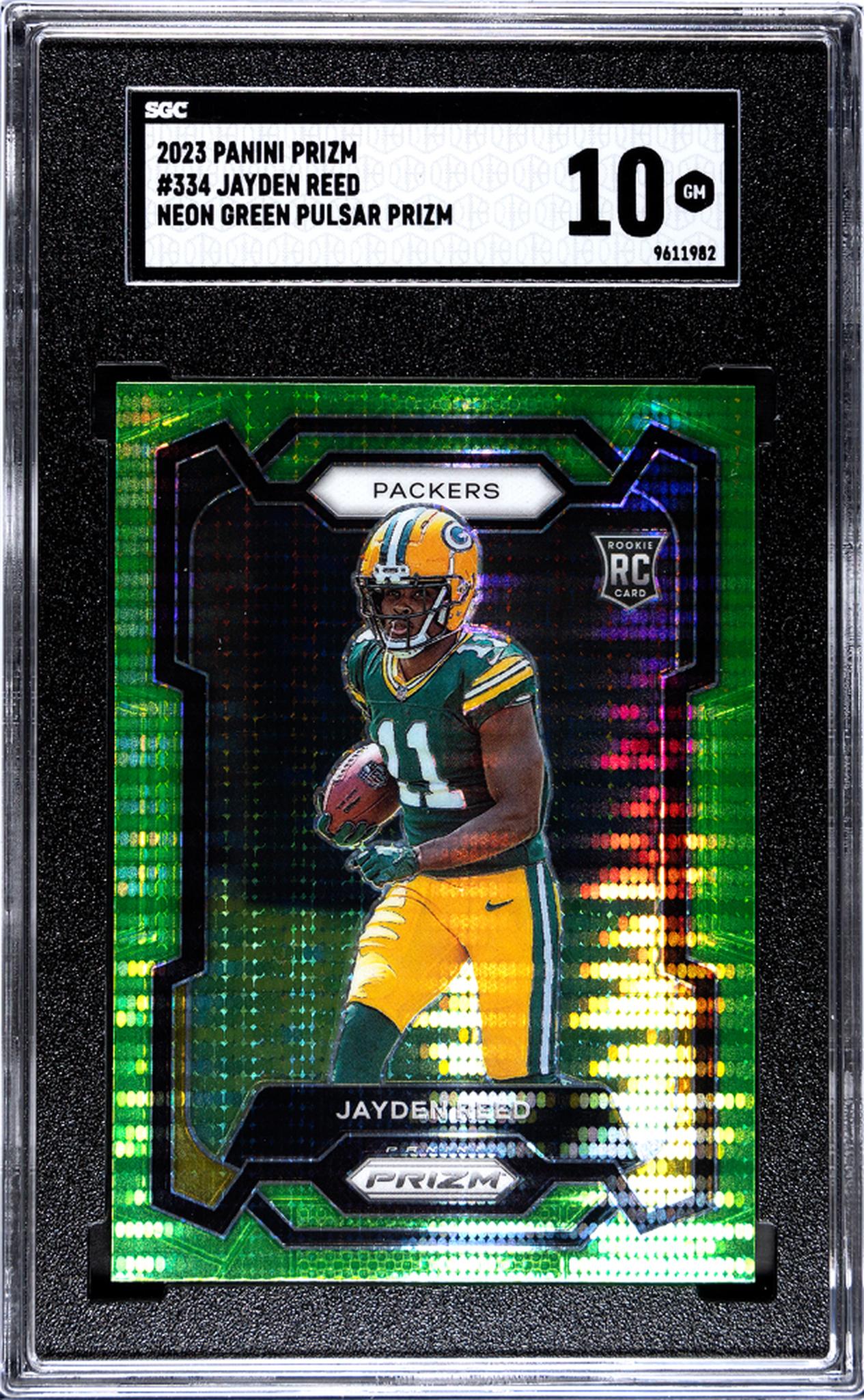 2023 Panini Prizm Neon Green Pulsar Jayden Reed #334 RC SGC 10