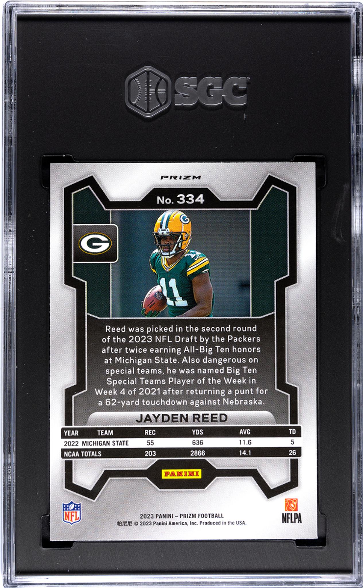 2023 Panini Prizm Neon Green Pulsar Jayden Reed #334 RC SGC 10