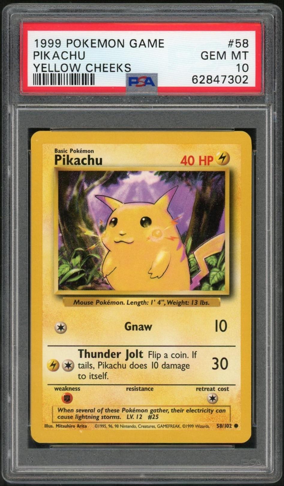 1999 Pokemon Base Set Yellow Cheeks Pikachu #58 PSA 10