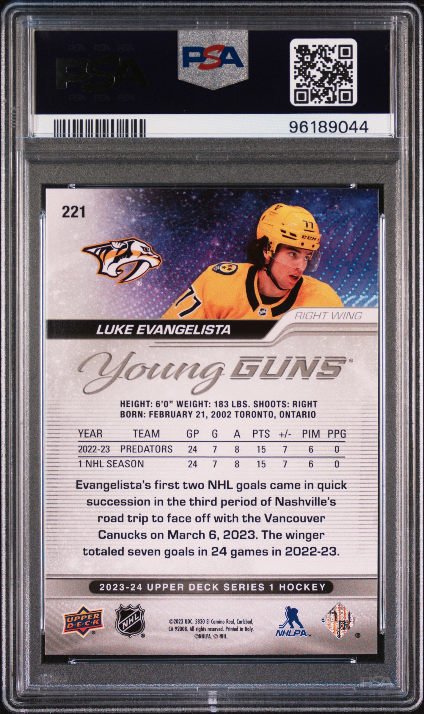 2023 Upper Deck Series 1 Young Guns Silver Foil Luke Evangelista #221 RC PSA 10