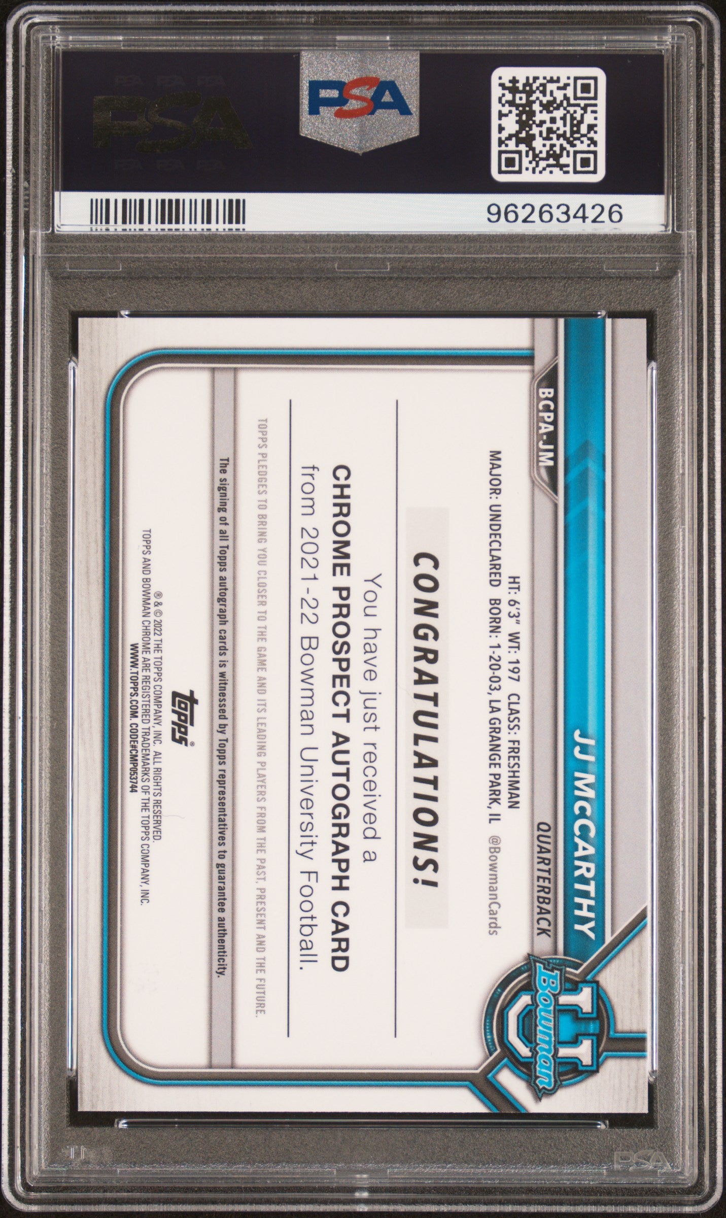 2021 Bowman University Chrome Prospect JJ McCarthy #BCPA-JM Auto PSA 10
