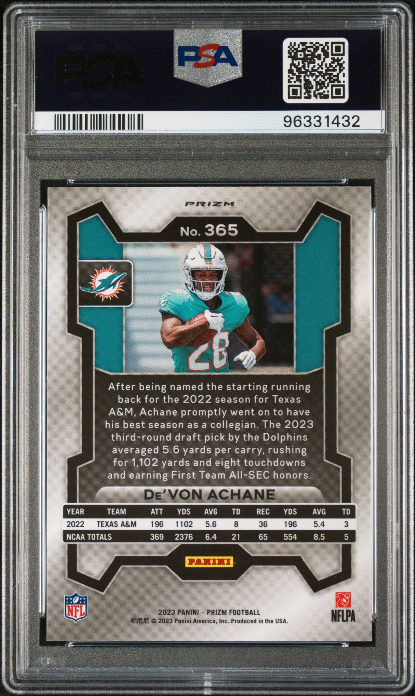 2023 Prizm #365 De'Von Achane Silver Prizm PSA 9