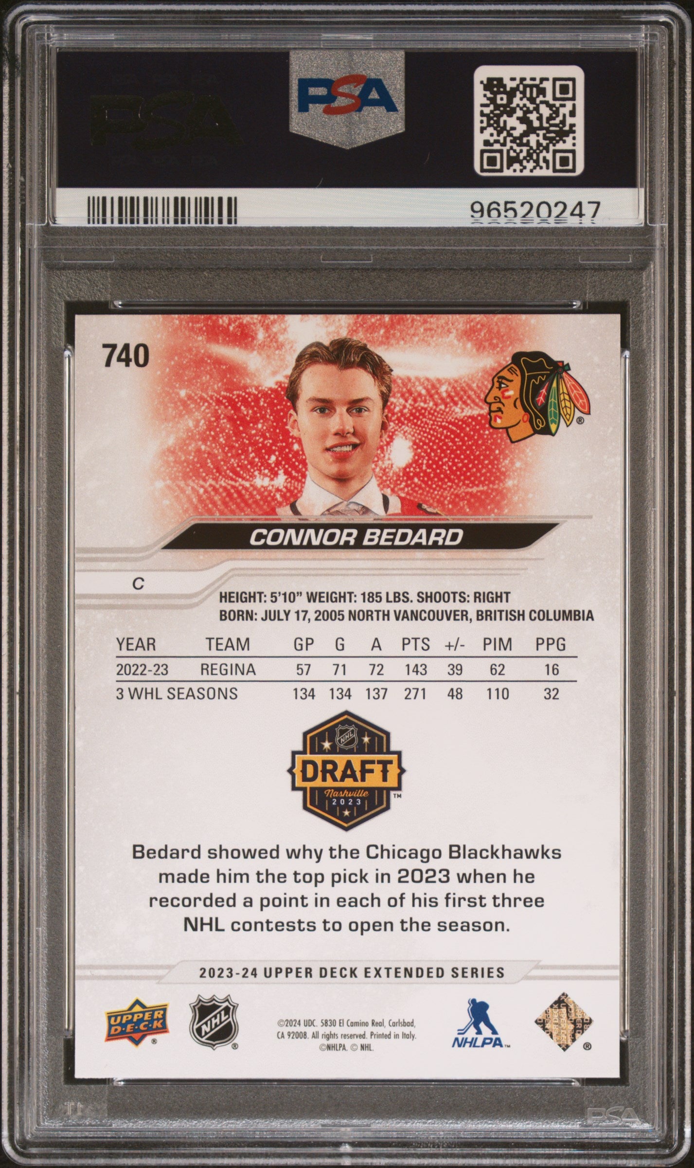 2023 Upper Deck Extended Series Connor Bedard #740 PSA 9