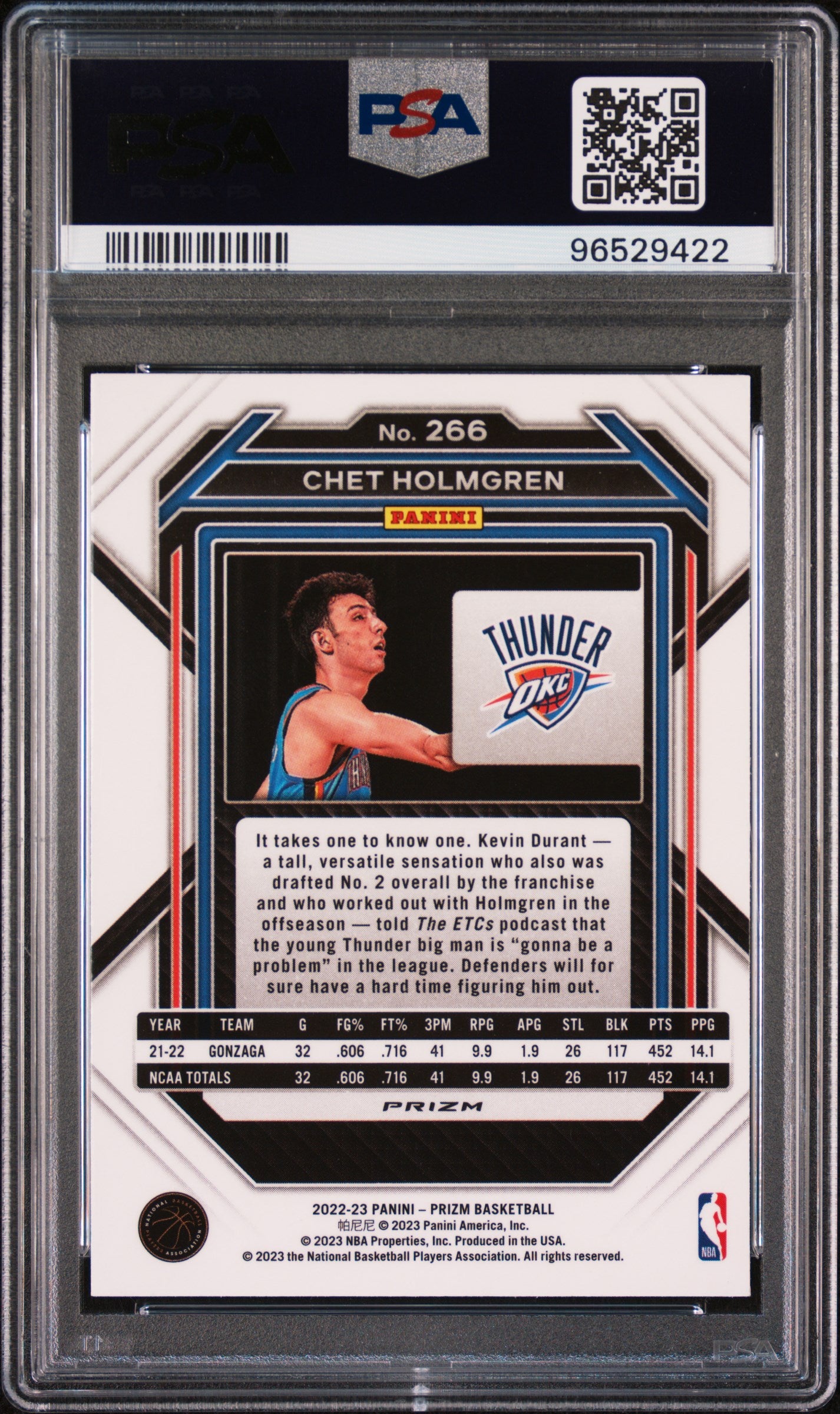 2022 Panini Prizm #266 Chet Holmgren Green Ice Prizm PSA 10