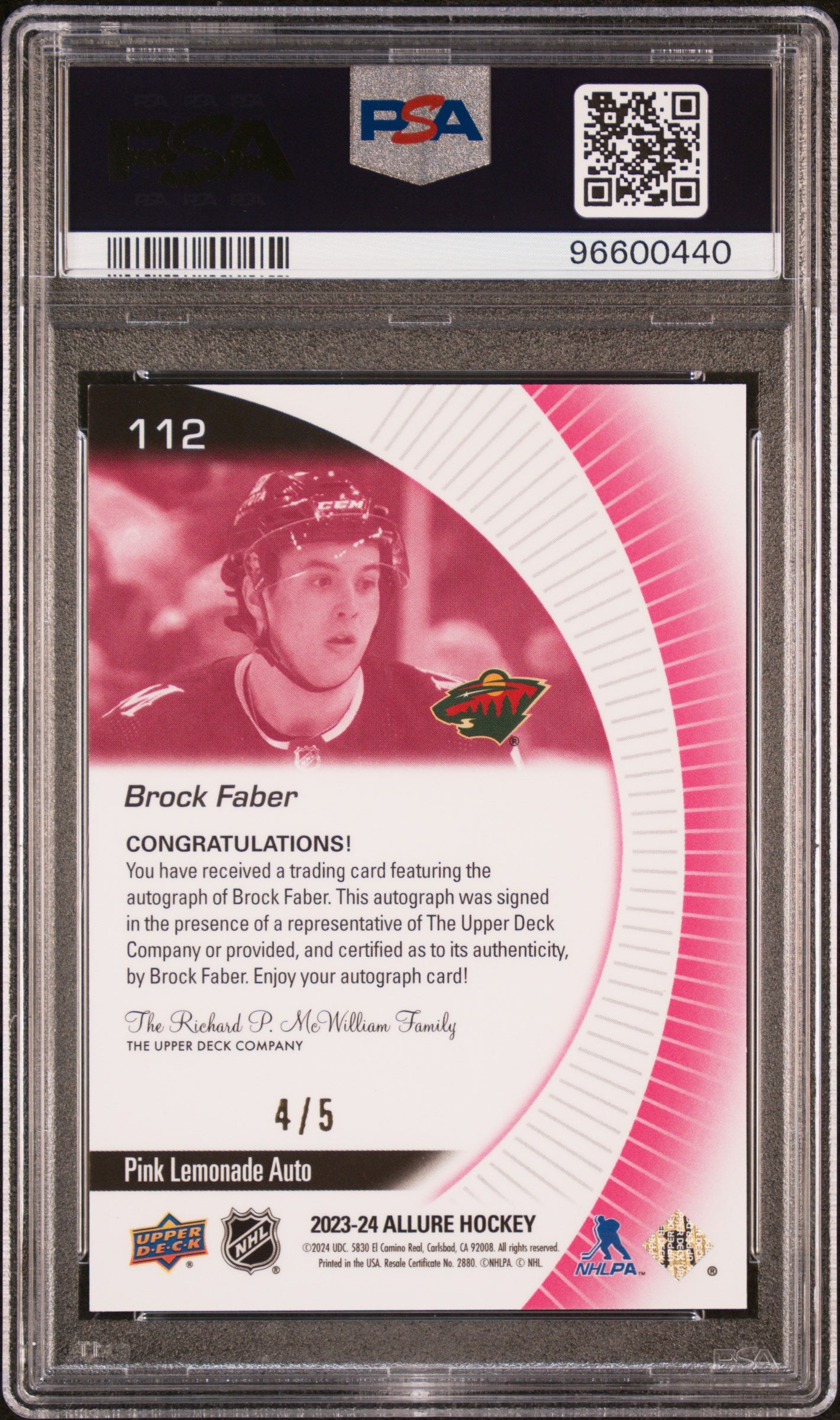 2023 Upper Deck Allure Autograph-Pink Lemonade Brock Faber #112 /5 PSA 9