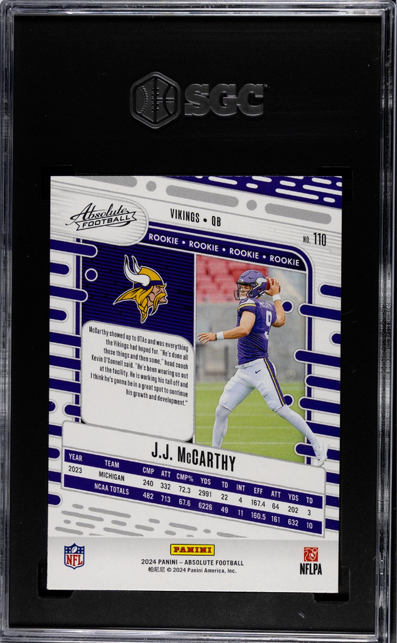 2024 Panini Absolute Football Retail J.J. McCarthy #110 RC SGC 10