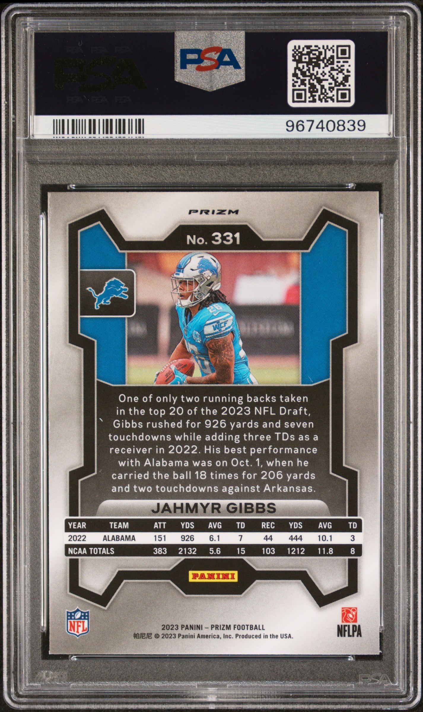 2023 Panini Prizm Silver Prizm Jahmyr Gibbs #331 PSA 9