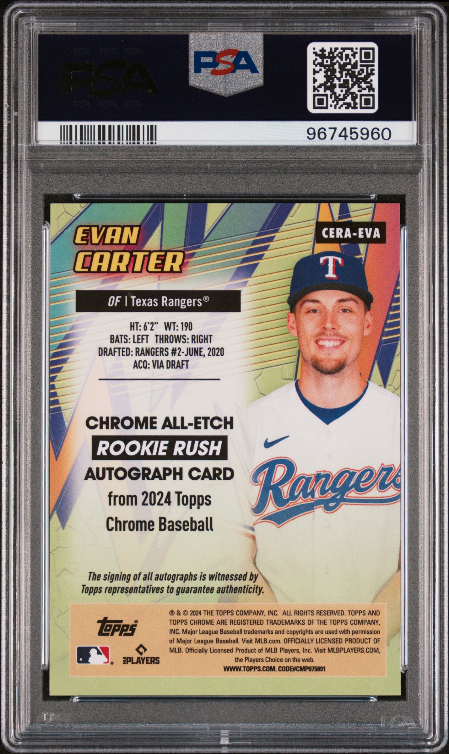 2024 Topps Chrome Chrome All Etch Rookie Rush Autographs #EVA Evan Carter PSA 10