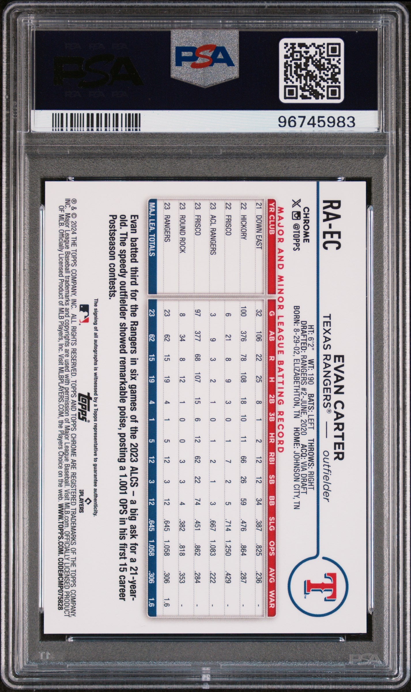 2024 Topps Chrome #RAEC Evan Carter Rookie Autograph PSA 10