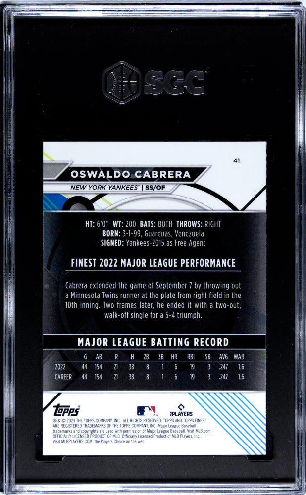 2023 Topps Finest Oswaldo Cabrera #41 RC SGC 9.5