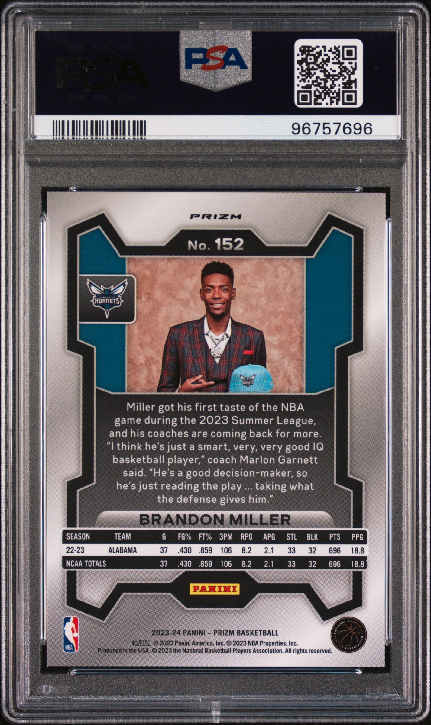 2023 Panini Prizm Variation Fast Break Brandon Miller #152 RC PSA 9