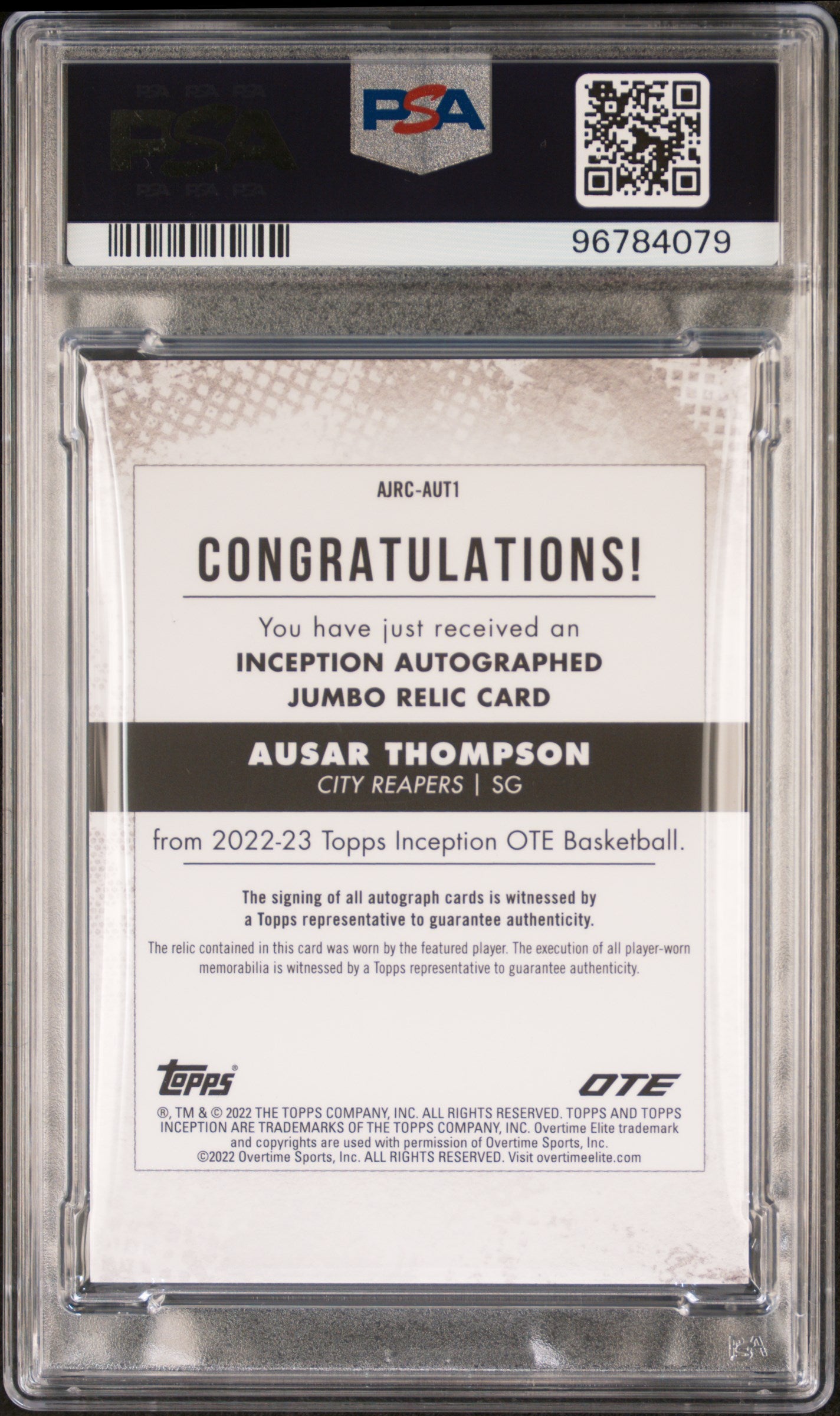 2022 Inception #AUT1 Ausar Thompson Jumbo Relic /99 PSA 10
