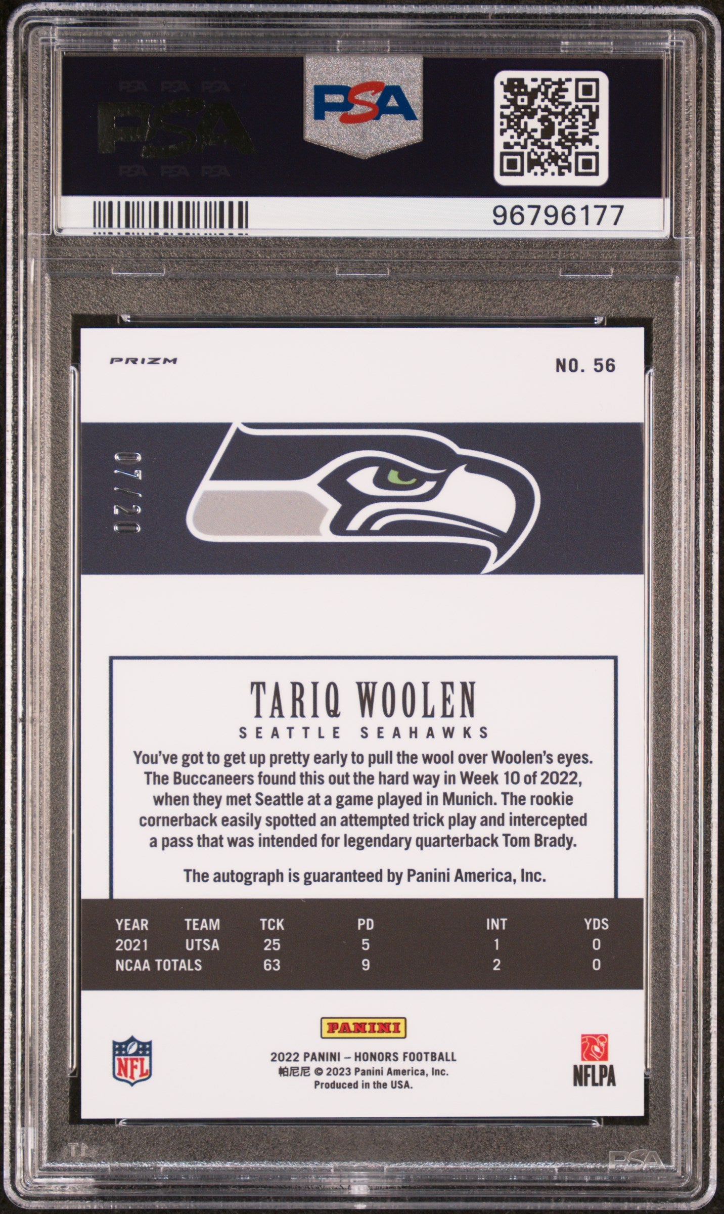 2022 Panini Honors Signature Green Tariq Woolen #56 RC Auto /20 PSA 8