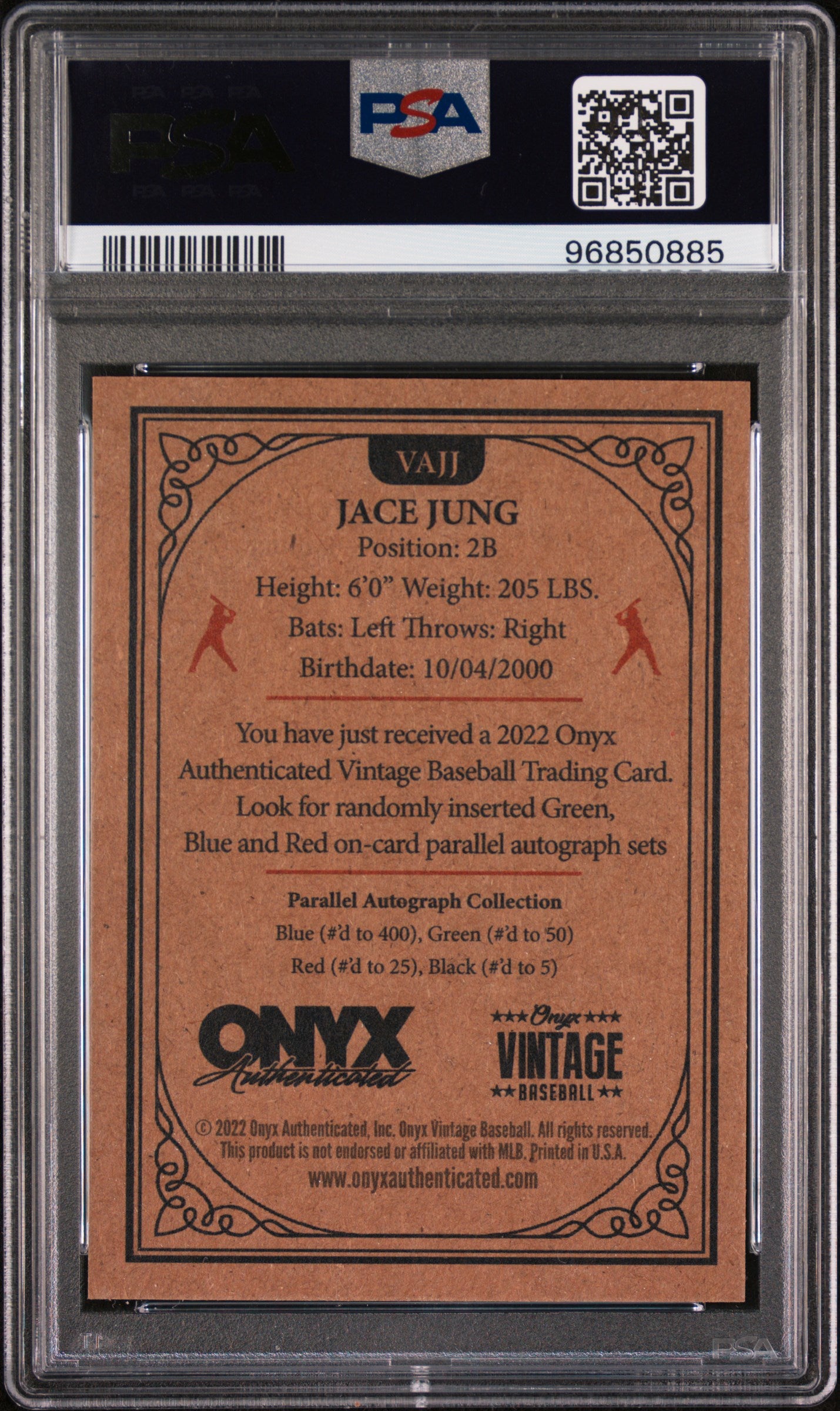 2022 Onyx Vintage Ext Red Jace Jung #VAJJ Auto /25 PSA 10