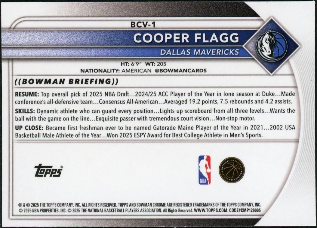 2025 Bowman Chrome BCV-1 Cooper Flagg Steel Metal Refractor /100