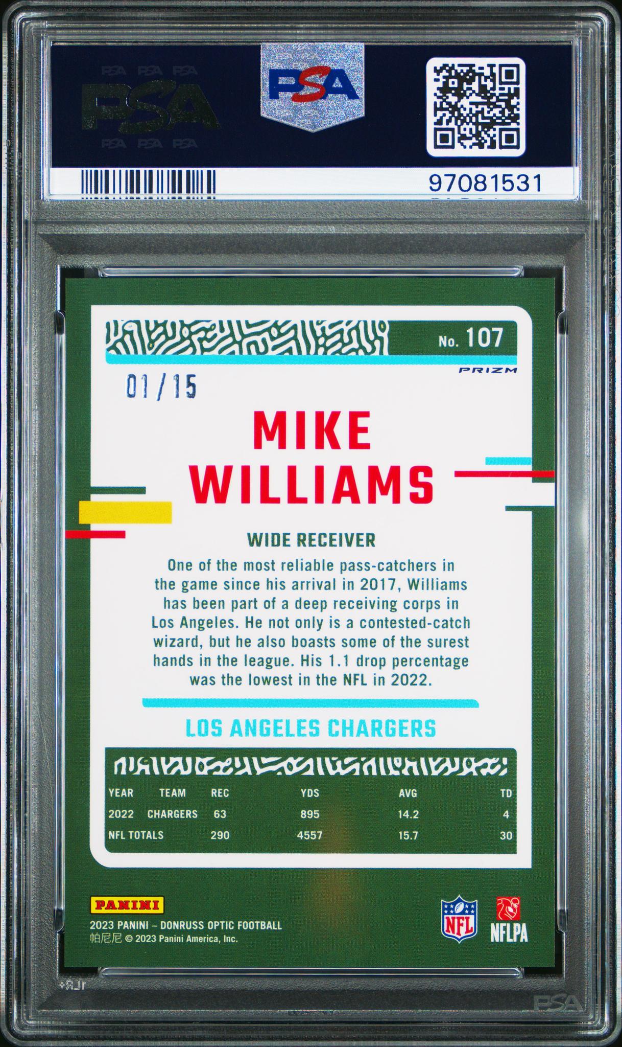2023 Panini Donruss Optic Purple Stars Mike Williams #107 /15 PSA 10
