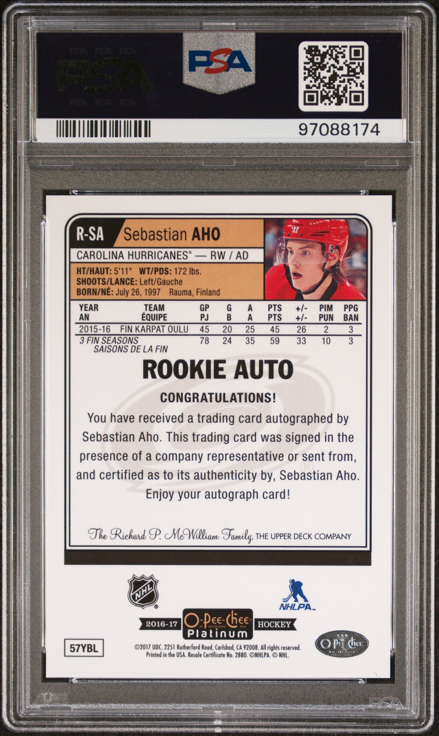 2016 O-Pee-Chee Platinum Rookie Autograph Sebastian Aho #RSA PSA 9