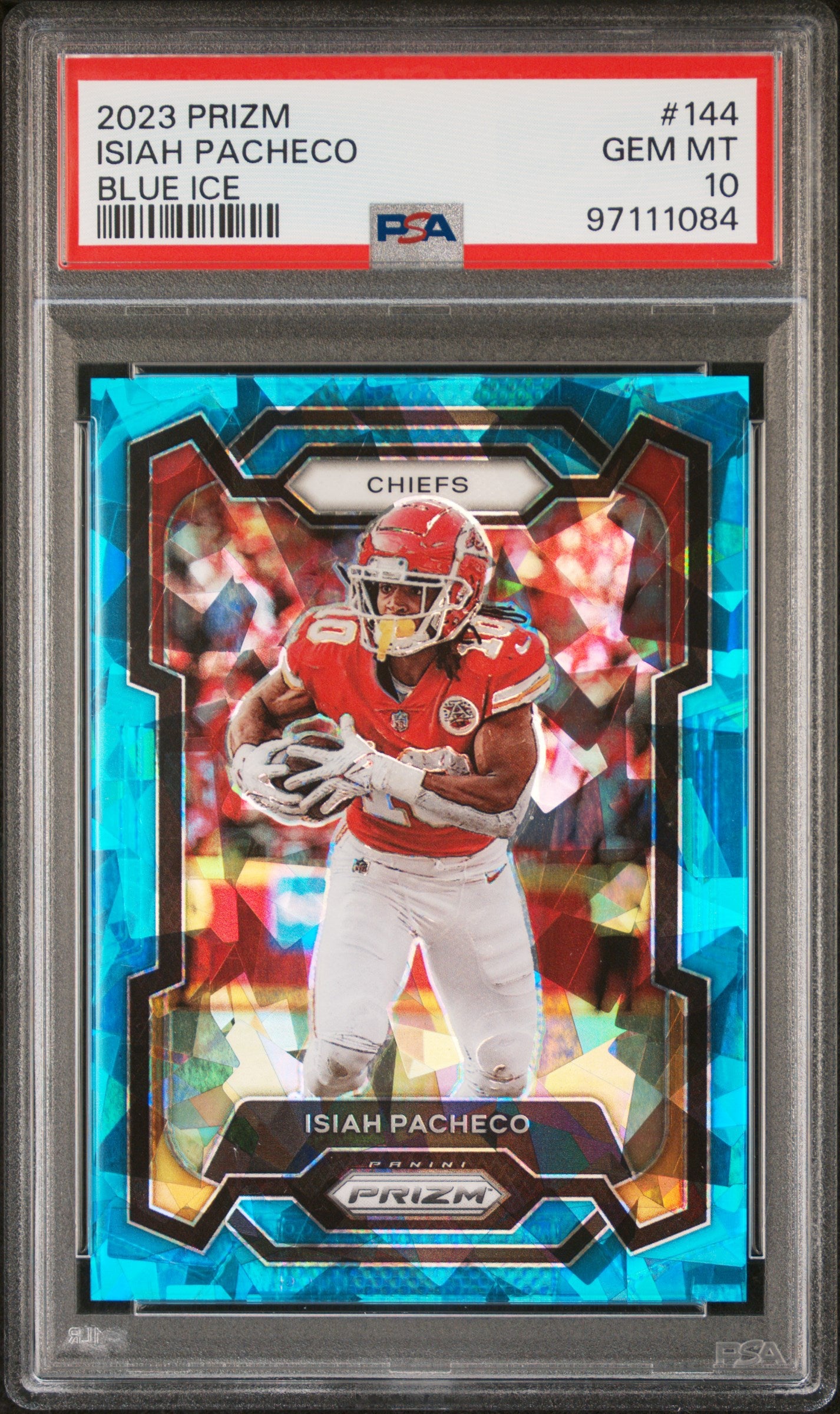2023 Panini Prizm Blue Ice Prizm Isiah Pacheco #144 /99 PSA 10