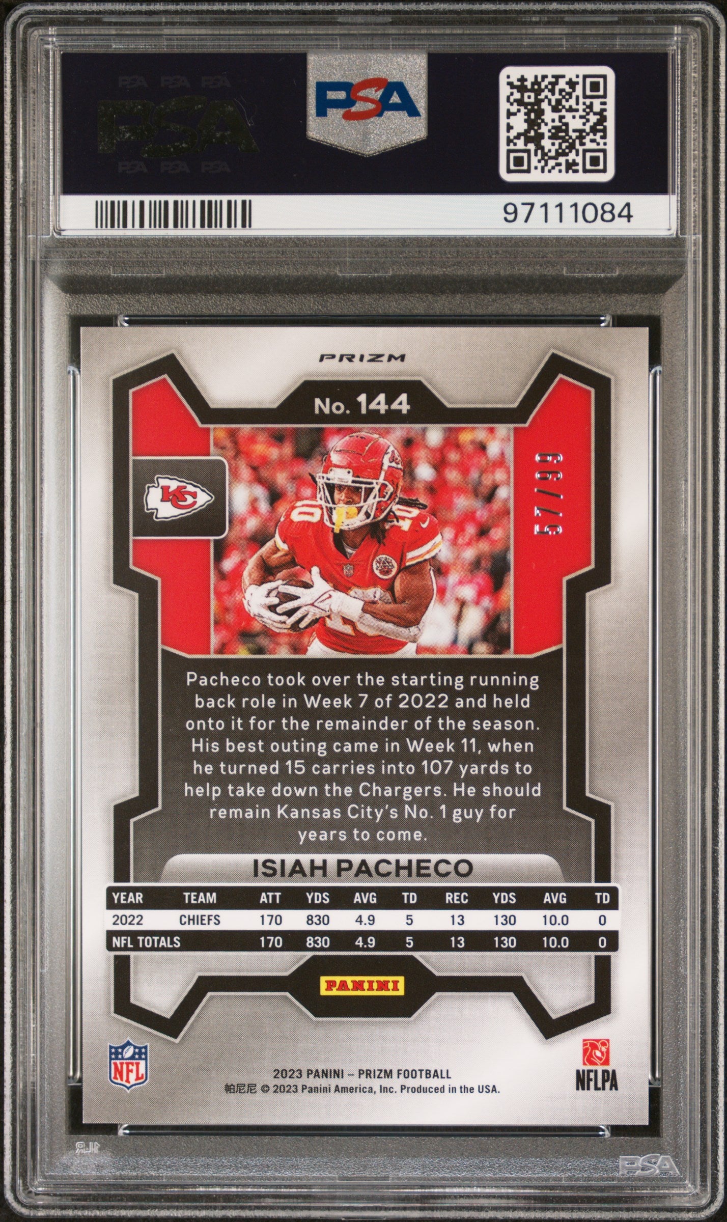 2023 Panini Prizm Blue Ice Prizm Isiah Pacheco #144 /99 PSA 10