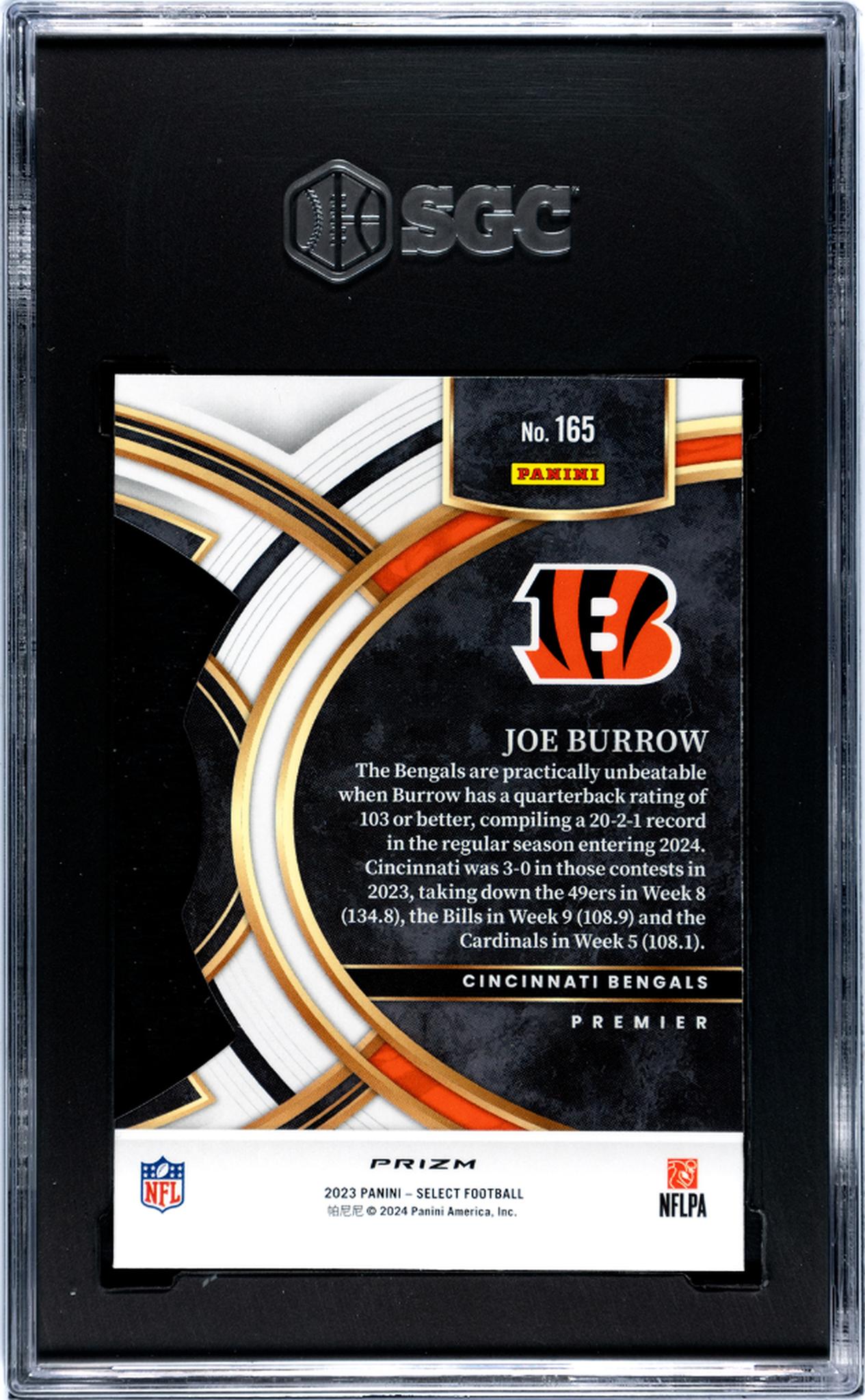 2023 Panini Select #165 Joe Burrow Black/Green Die-Cut Prizm SGC 10