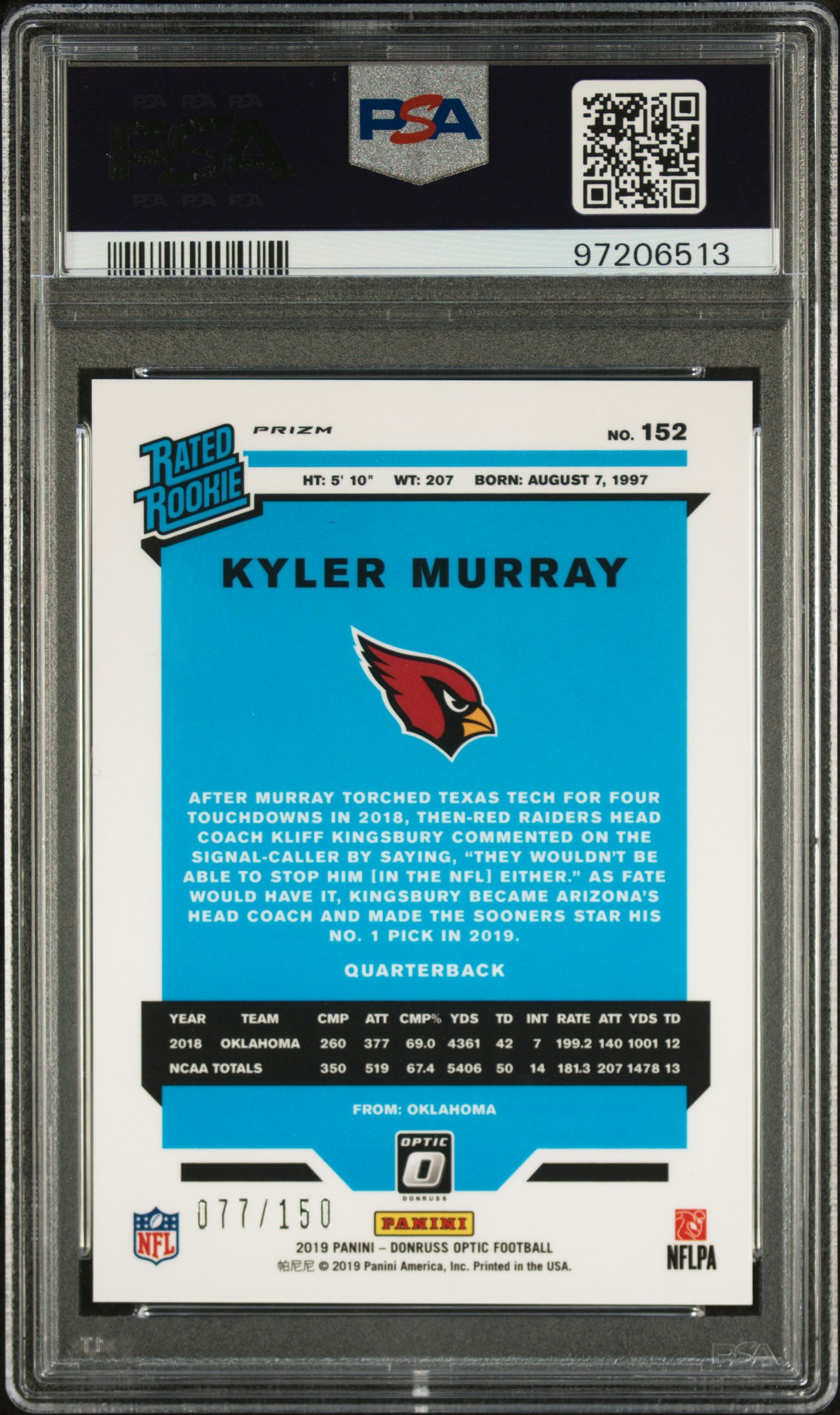 2019 Panini Donruss Optic Blue Kyler Murray #152 RC /150 PSA 10