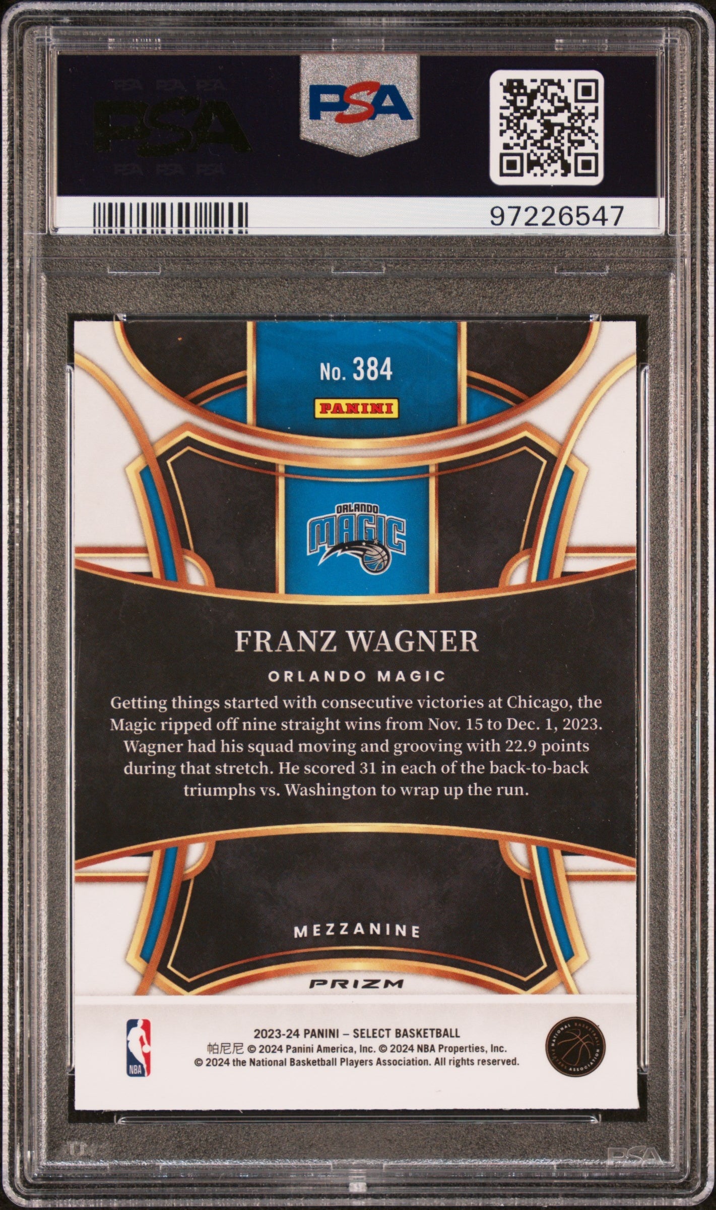 2023 Panini Select Elephant Prizm Franz Wagner #384 PSA 10