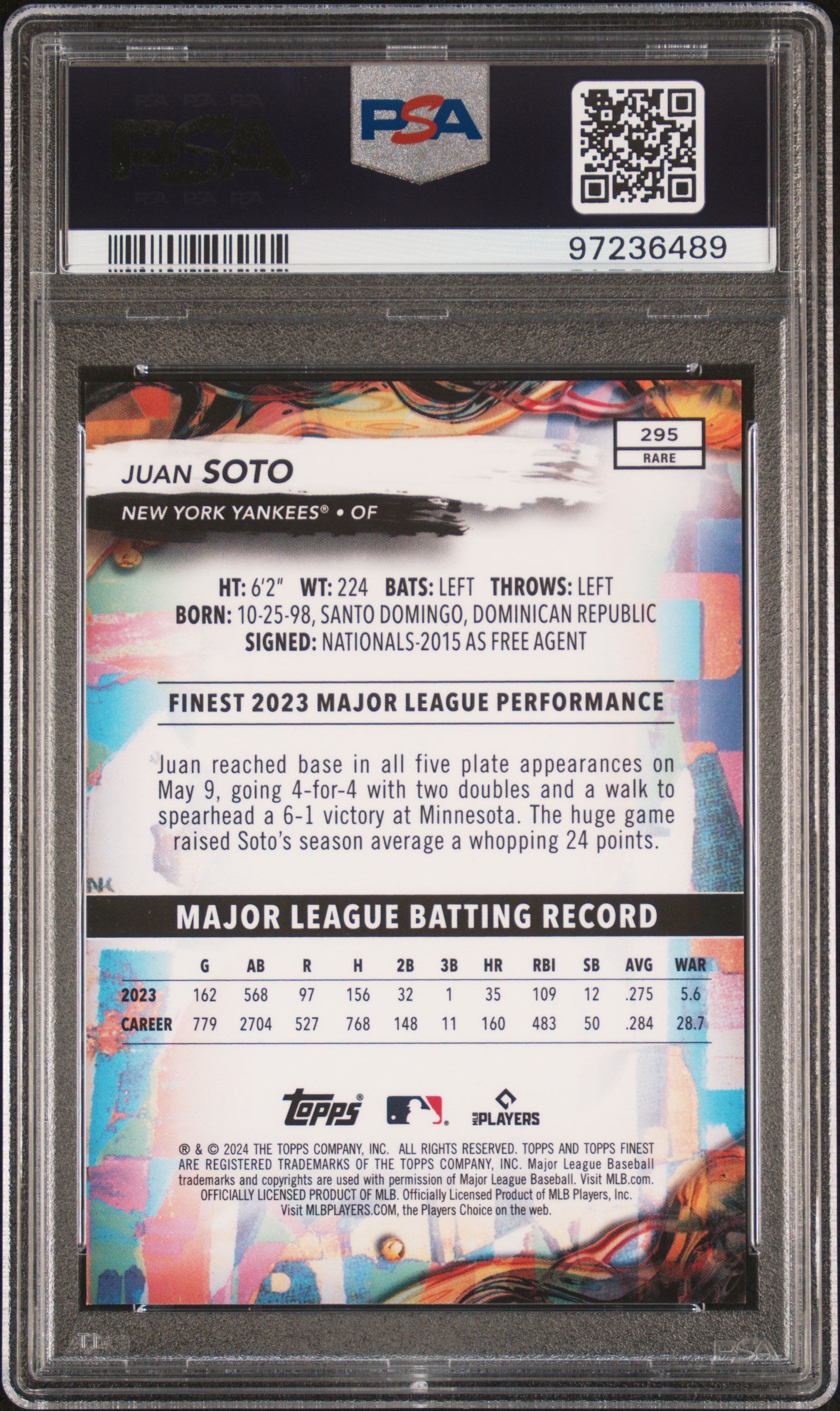 2024 Topps Finest Purple Checkerboard Juan Soto #295 /75 PSA 10