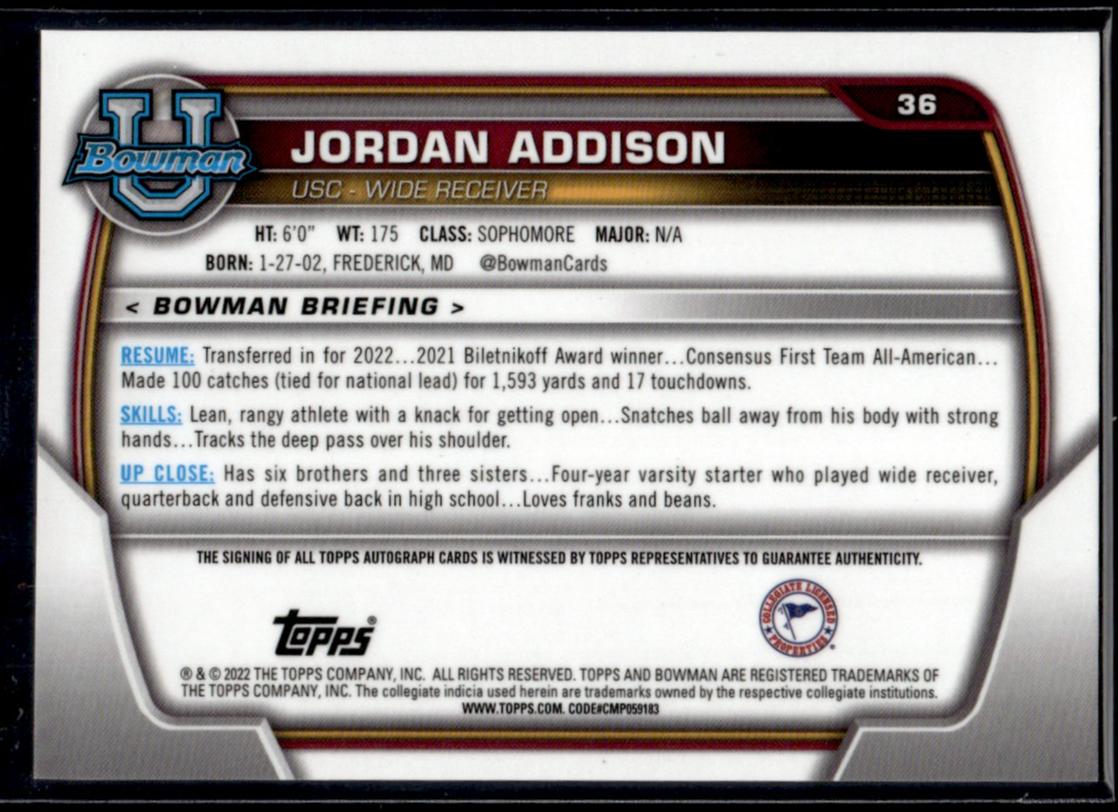 2022 Bowman Chrome #36 Jordan Addison Auto USC