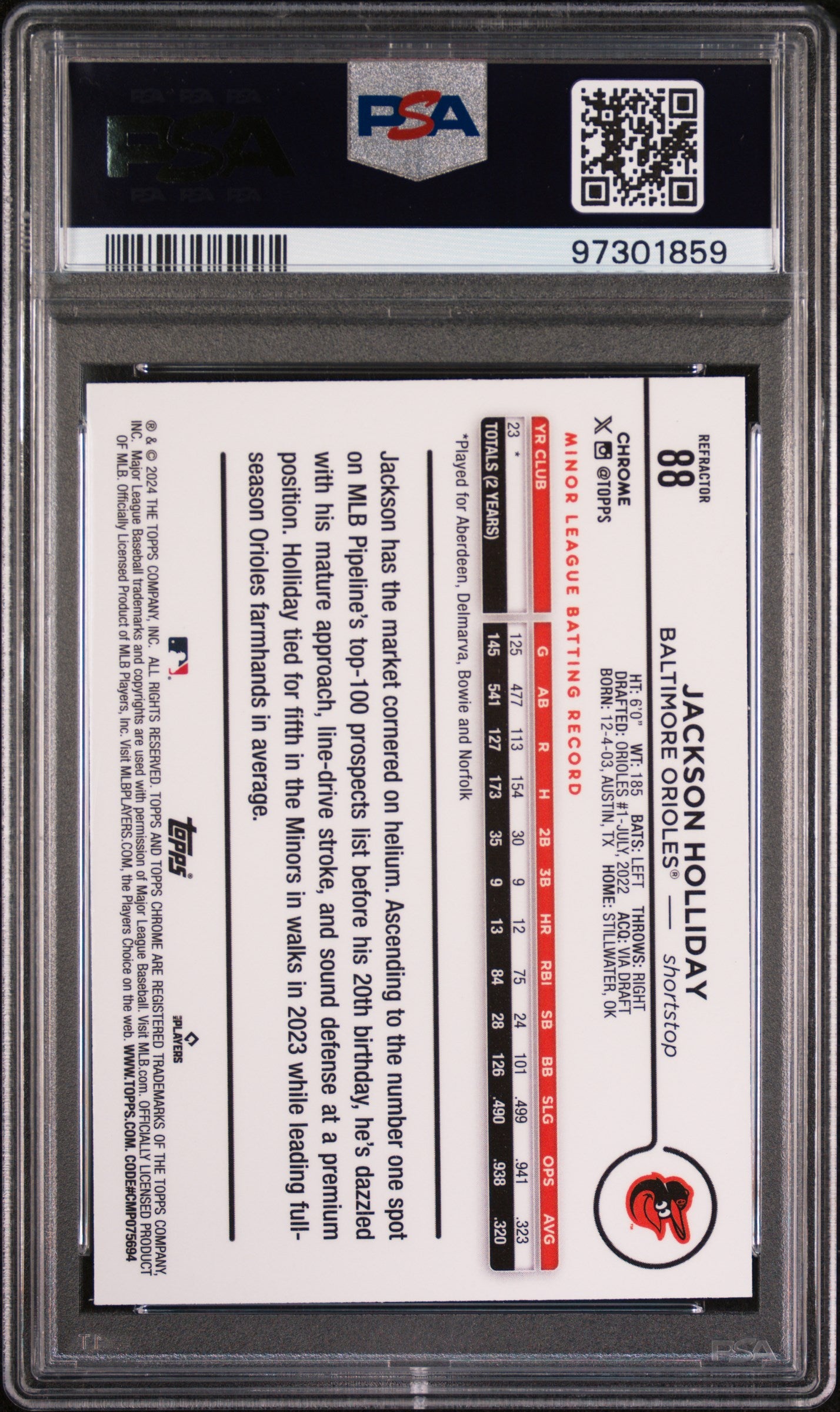 2024 Topps Chrome Refractor Jackson Holliday #88 RC PSA 9
